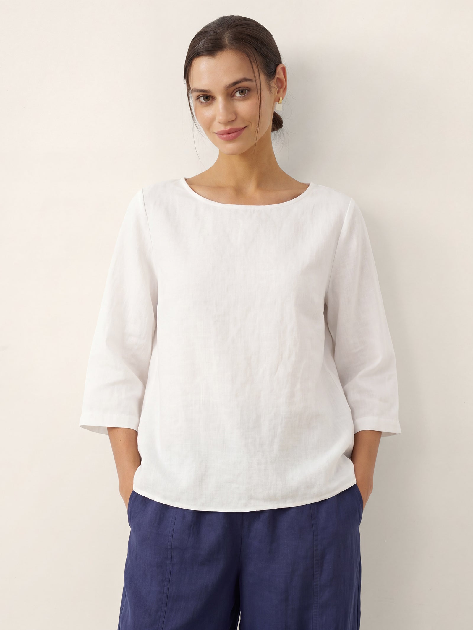 100% Linen Round Neck Asymmetrical Hem Top BRIANNA