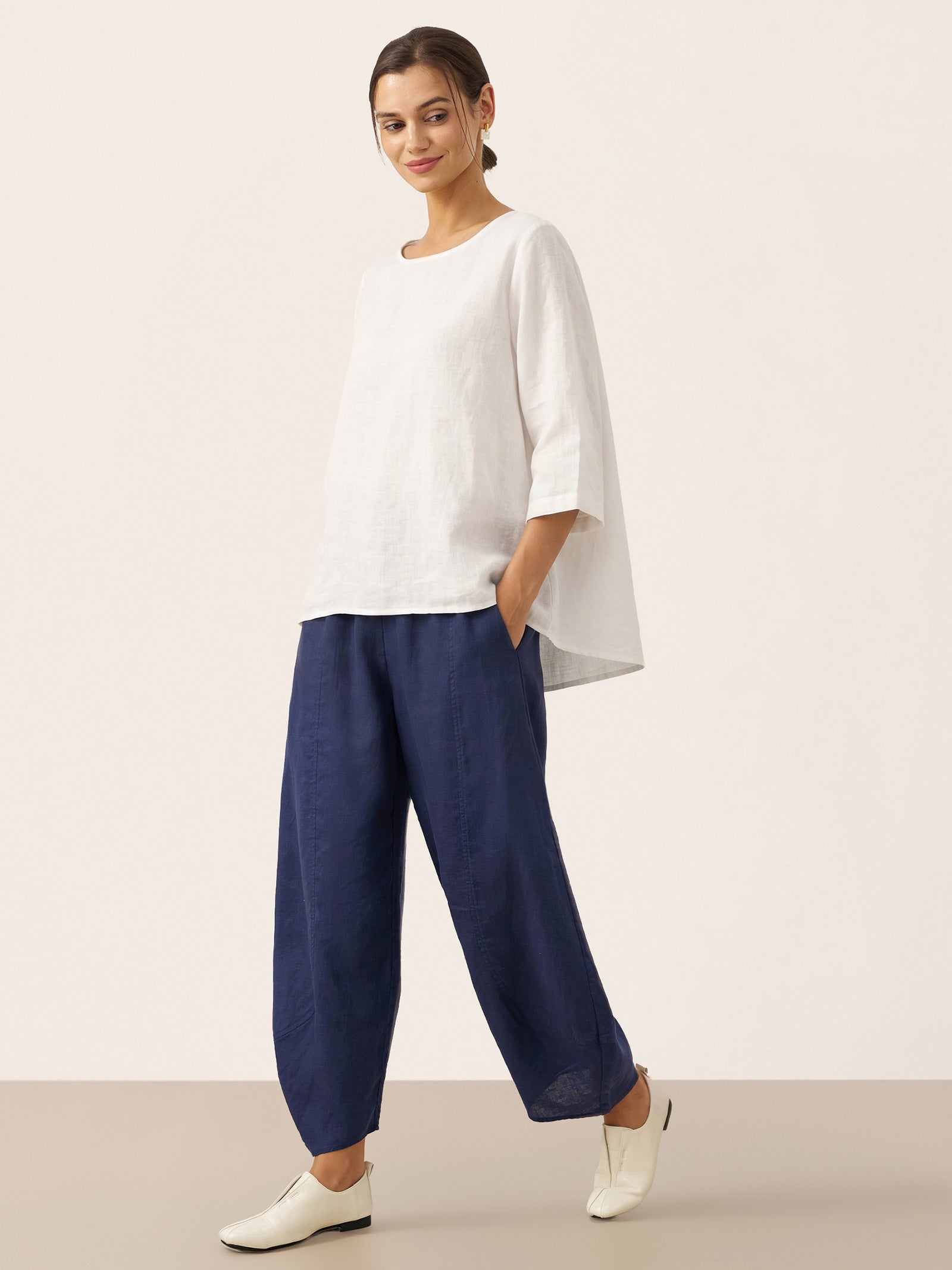 100% Linen Round Neck Asymmetrical Hem Top BRIANNA