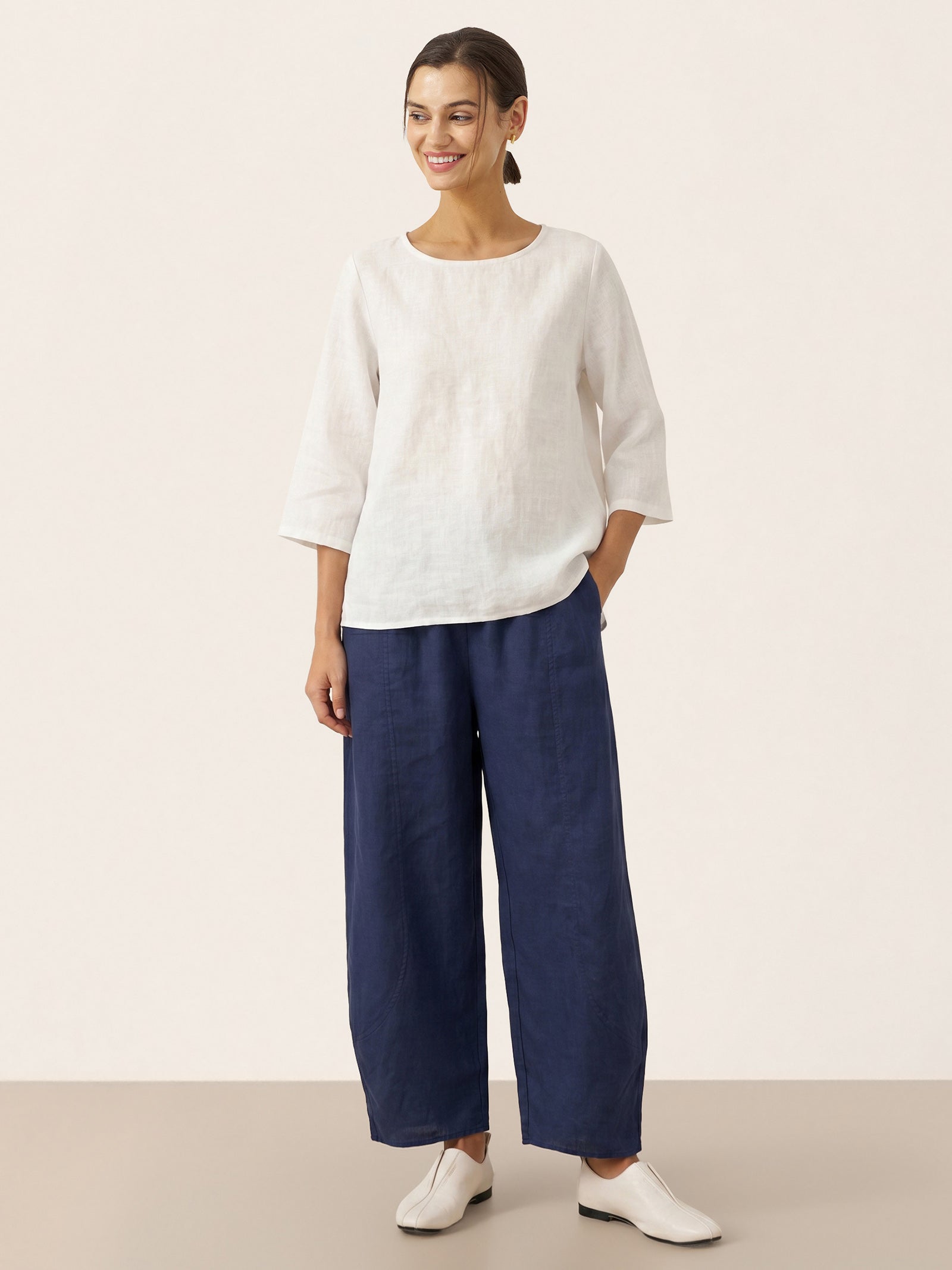 100% Linen Round Neck Asymmetrical Hem Top BRIANNA