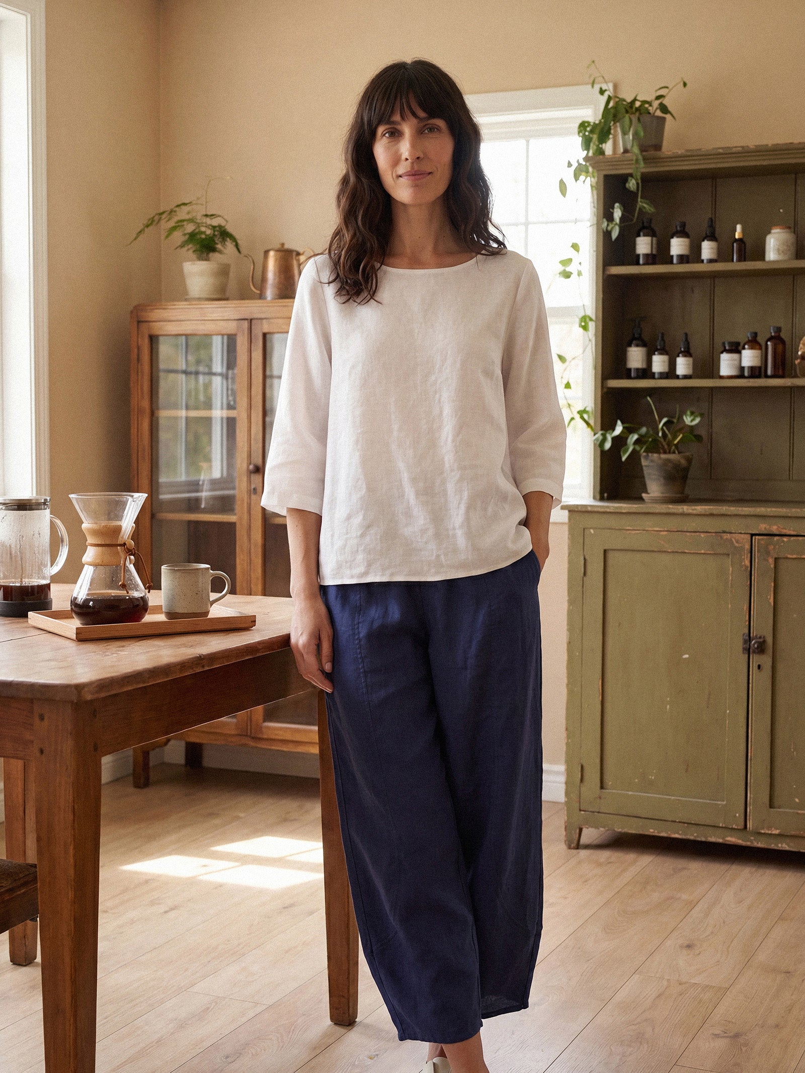 100% Linen Round Neck Asymmetrical Hem Top BRIANNA