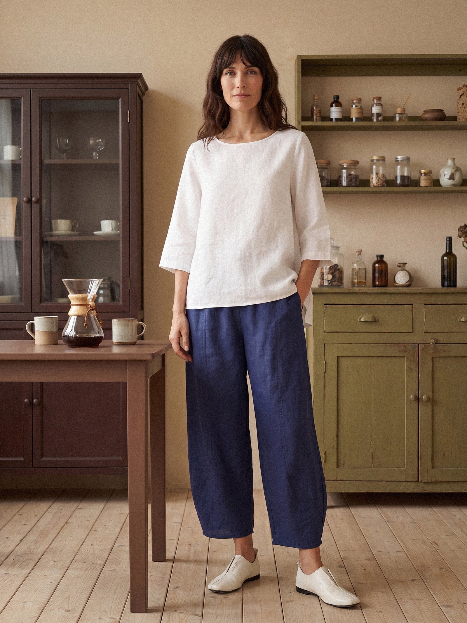 100% Linen Round Neck Asymmetrical Hem Top BRIANNA