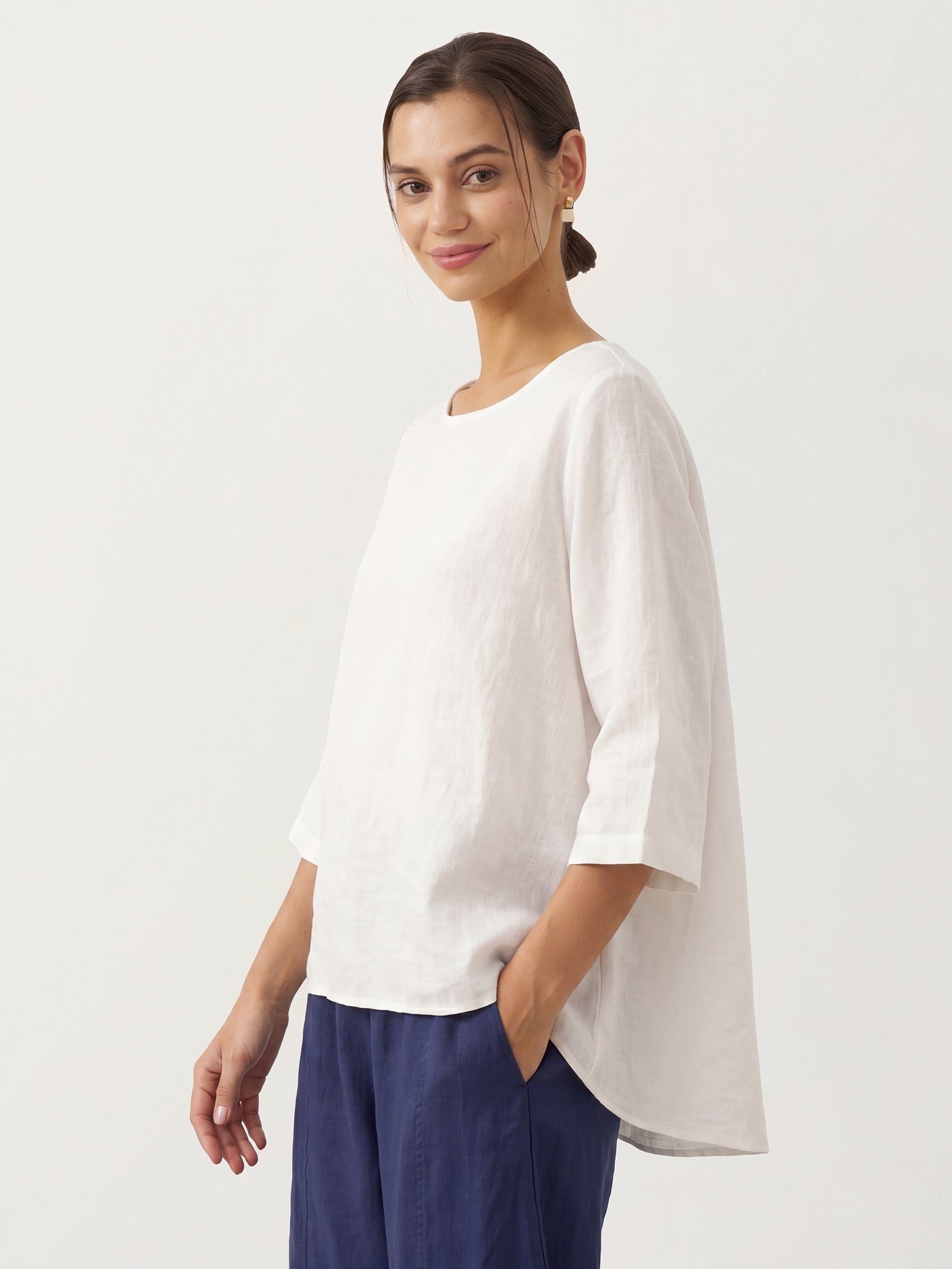 100% Linen Round Neck Asymmetrical Hem Top BRIANNA