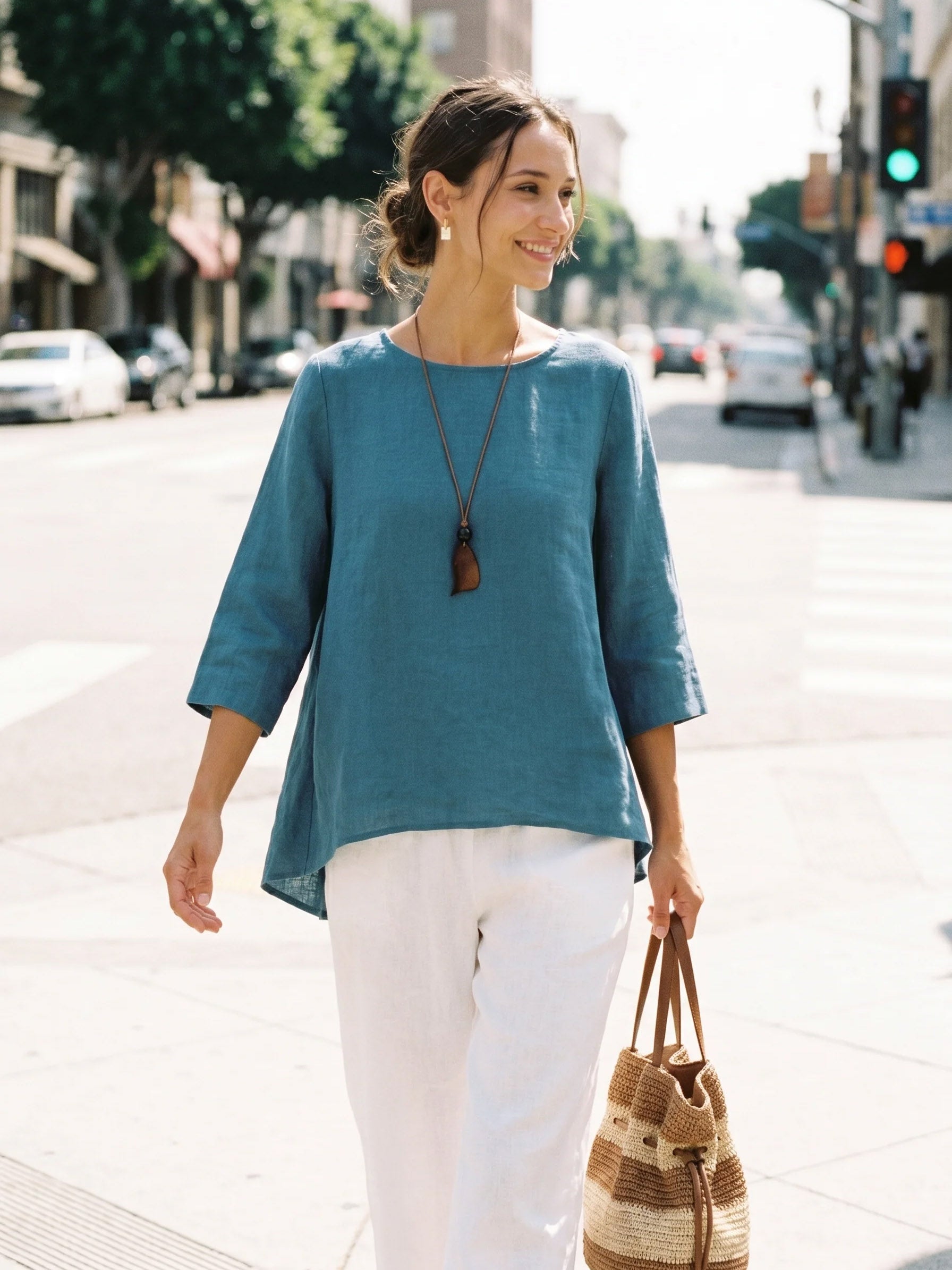100% Linen Round Neck Asymmetrical Hem Top BRIANNA