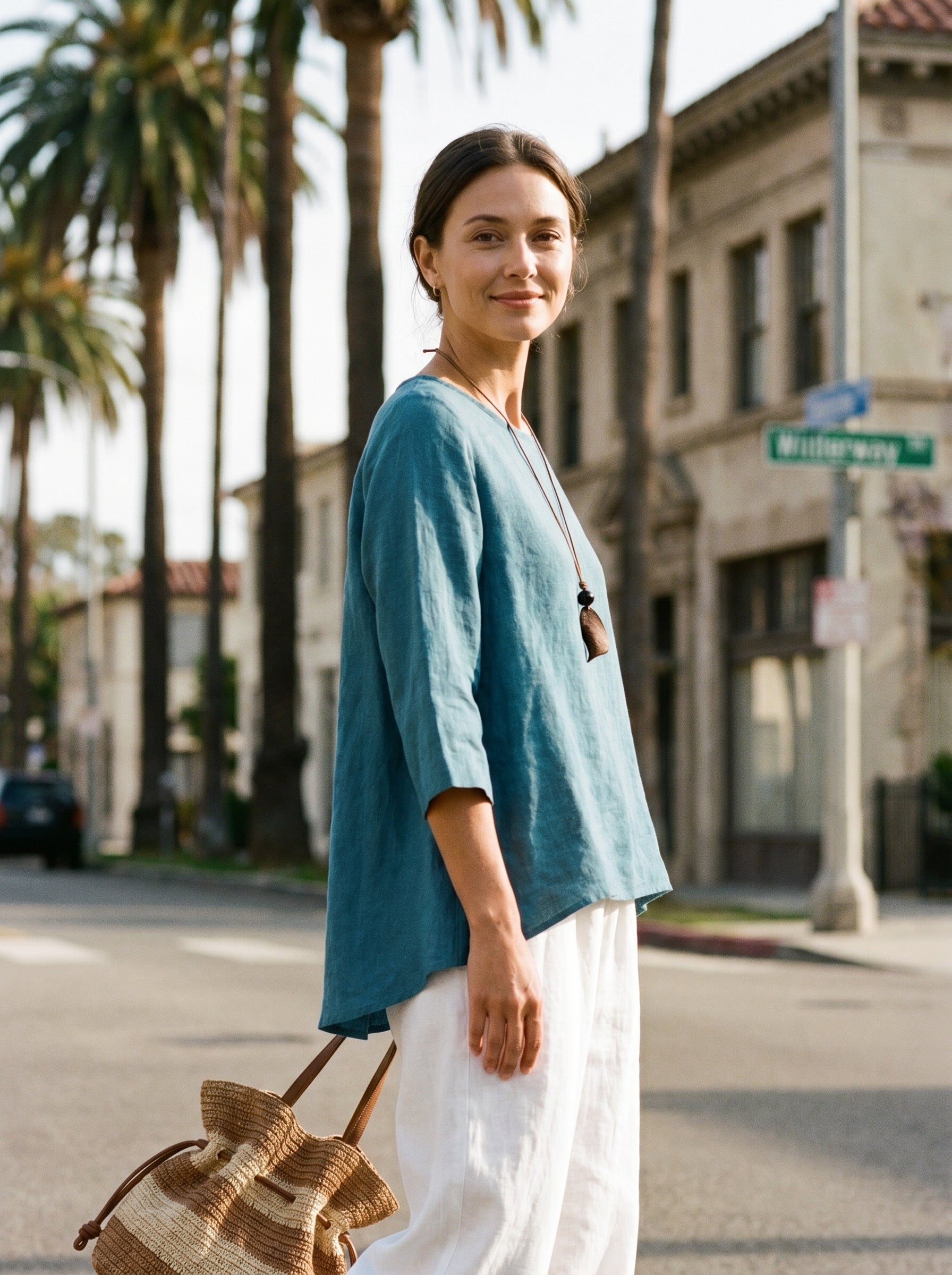 100% Linen Round Neck Asymmetrical Hem Top BRIANNA