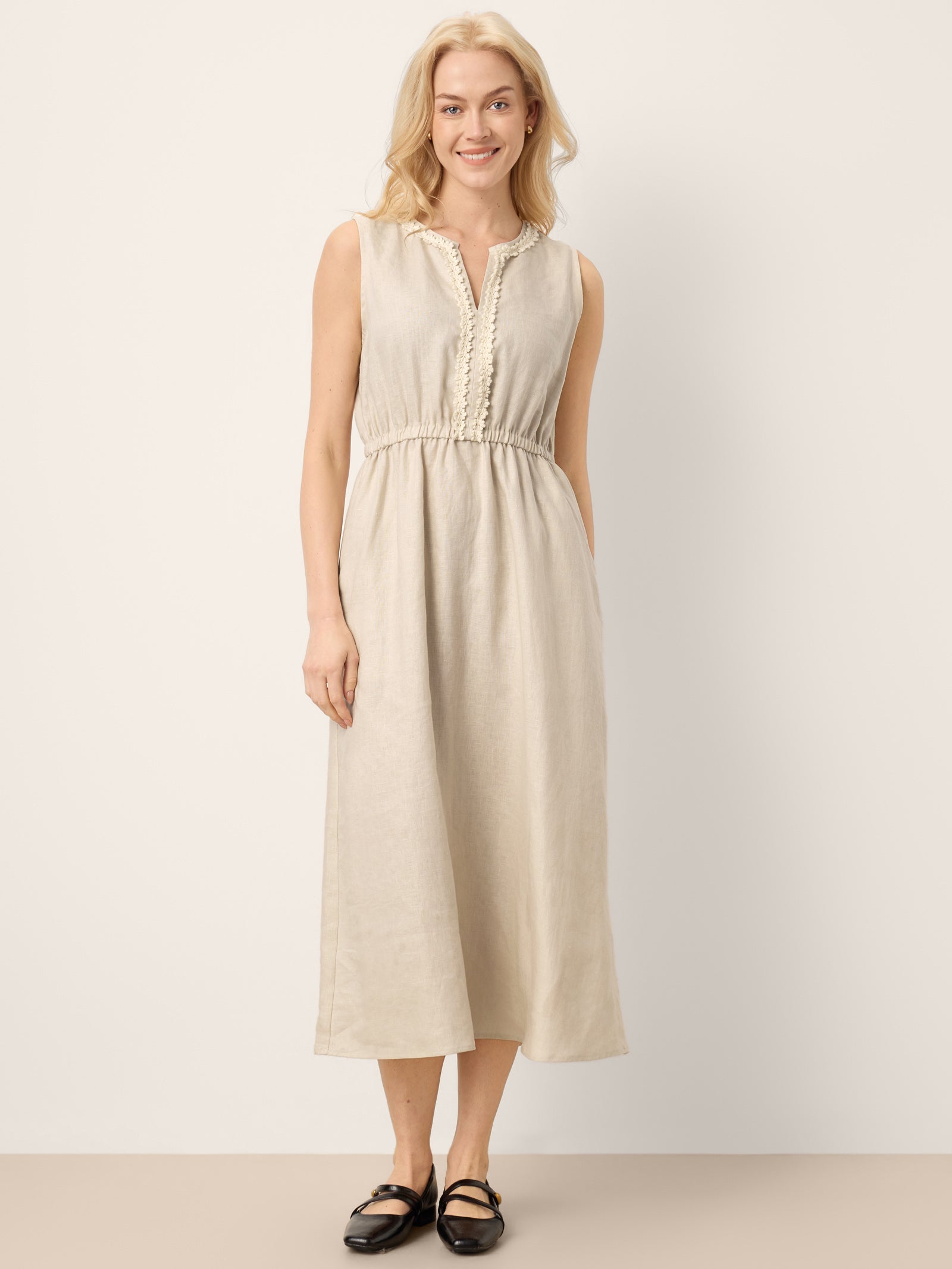 100% Linen Ruffle Trim Elasticated Waist Sleeveless Midi Dress LUCINDA