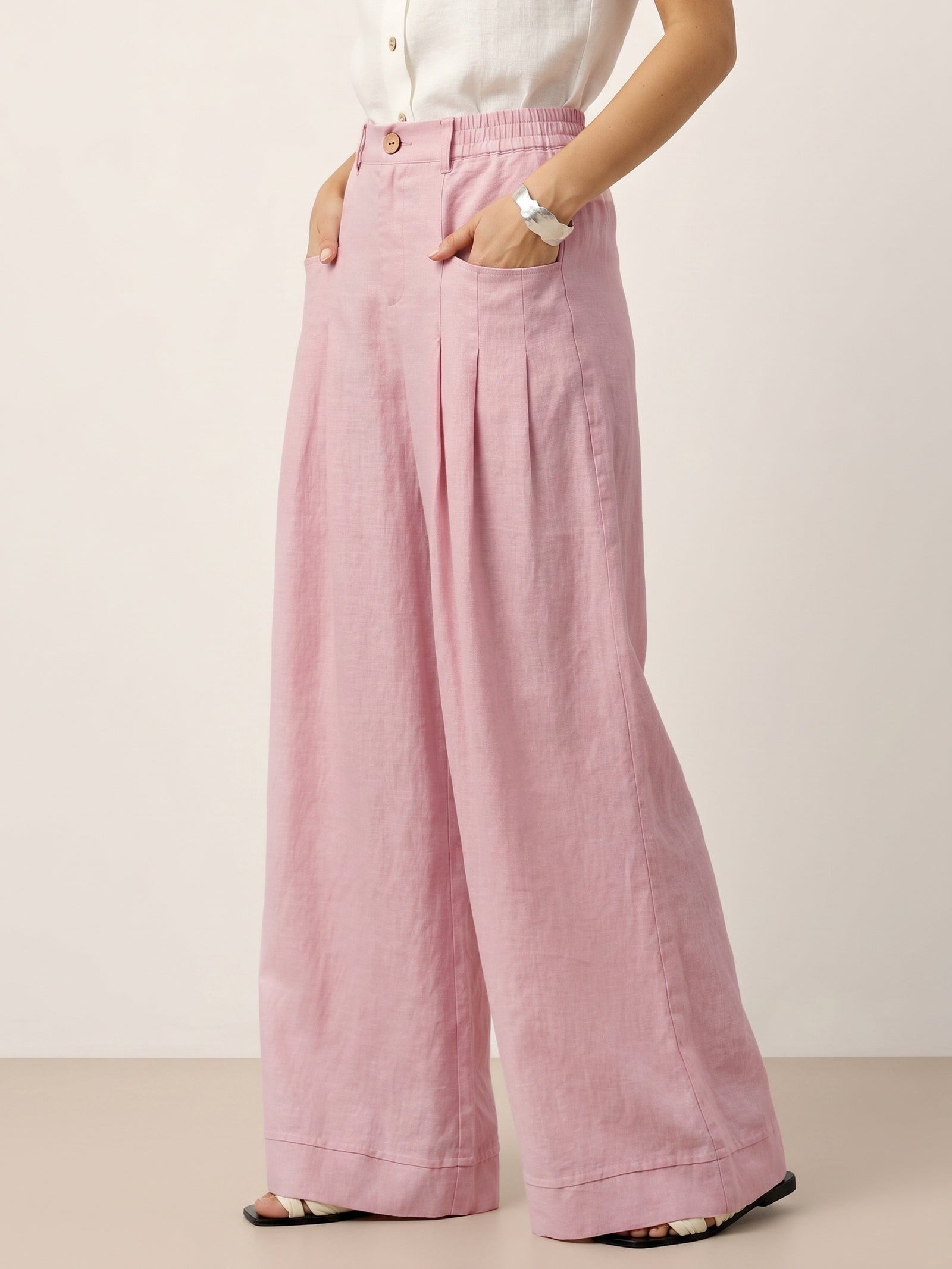 100% Linen Sculpted Pleat Elasticated Back Relaxed Pants VERIDIANA