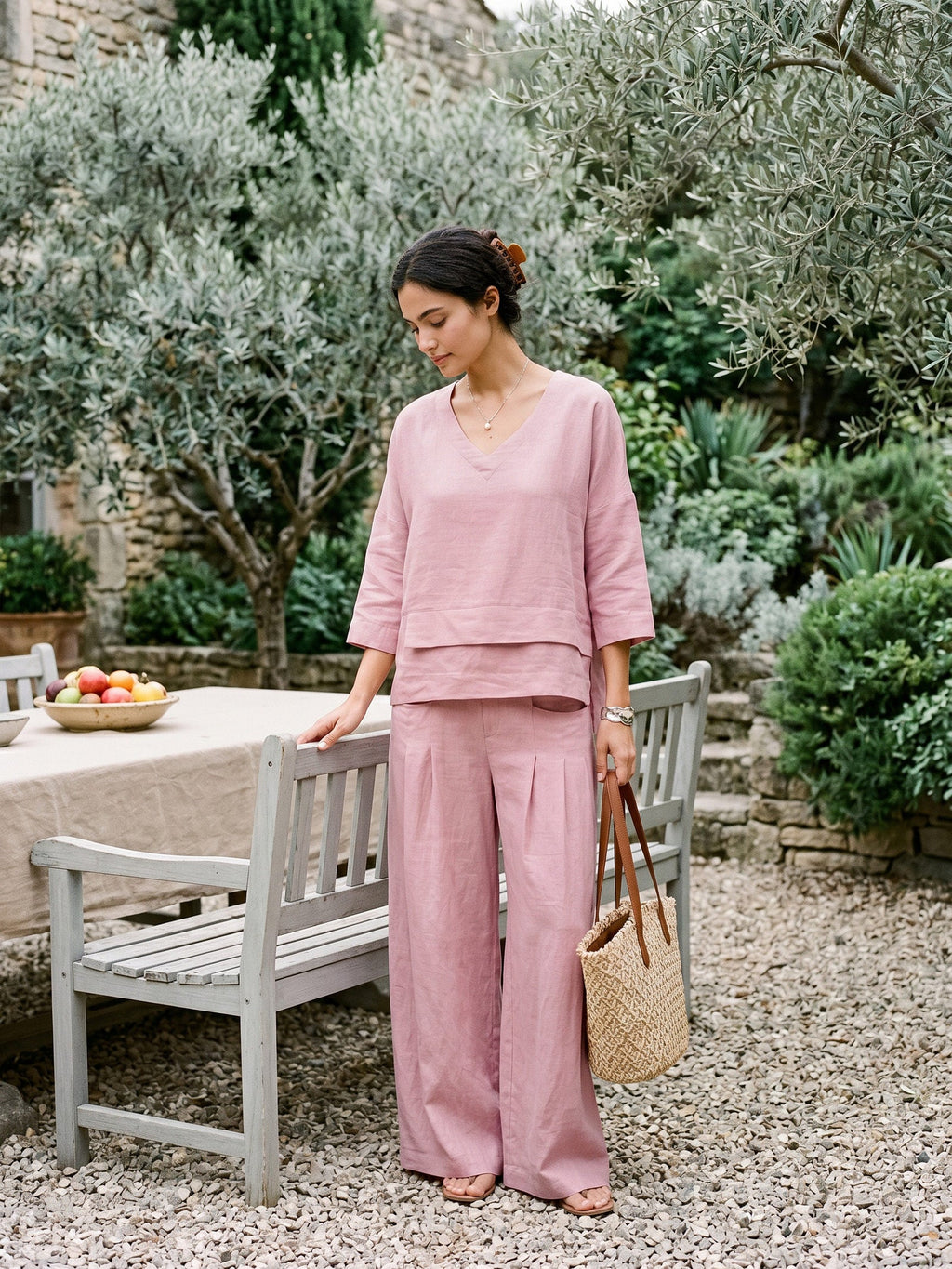 100% Linen Sculpted Pleat Elasticated Back Relaxed Pants VERIDIANA