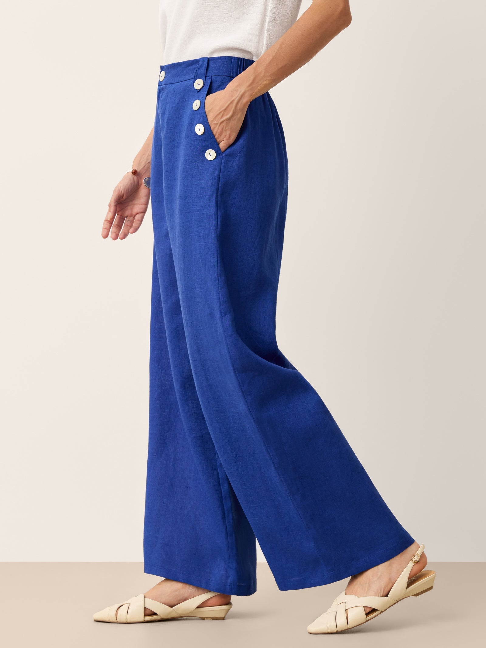 100% Linen Shell Button Elasticated Back Wide-Leg Pants IONE