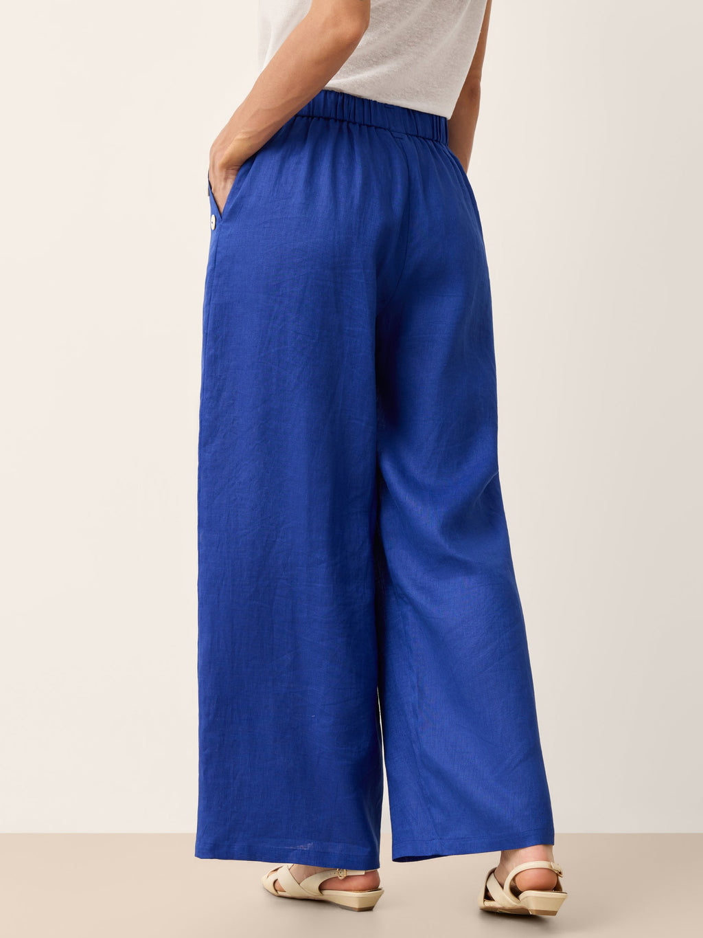 100% Linen Shell Button Elasticated Back Wide-Leg Pants IONE