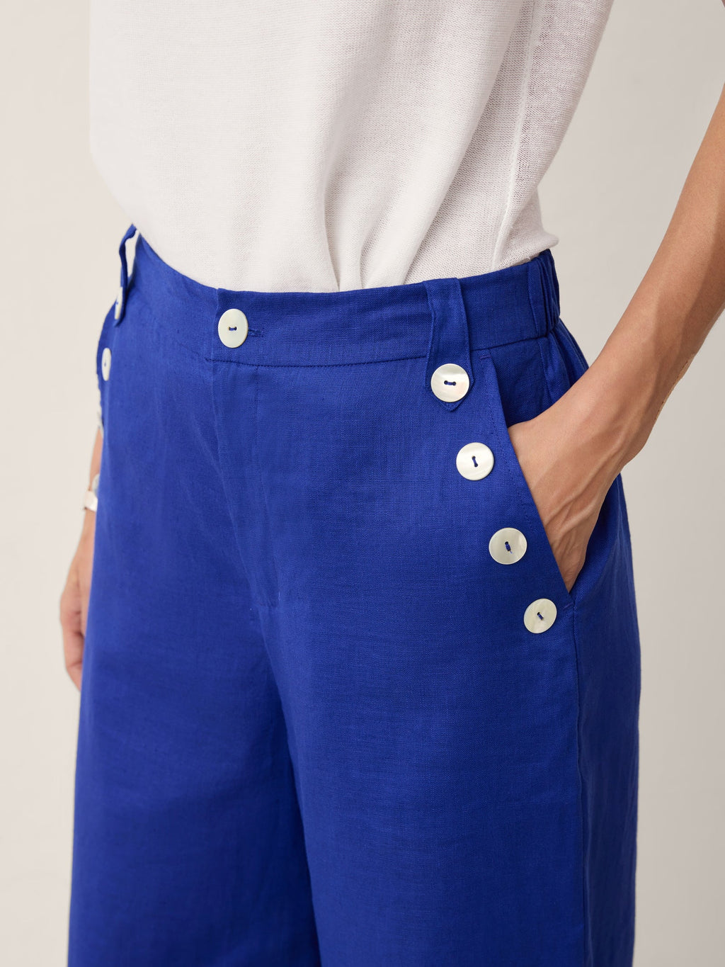 100% Linen Shell Button Elasticated Back Wide-Leg Pants IONE