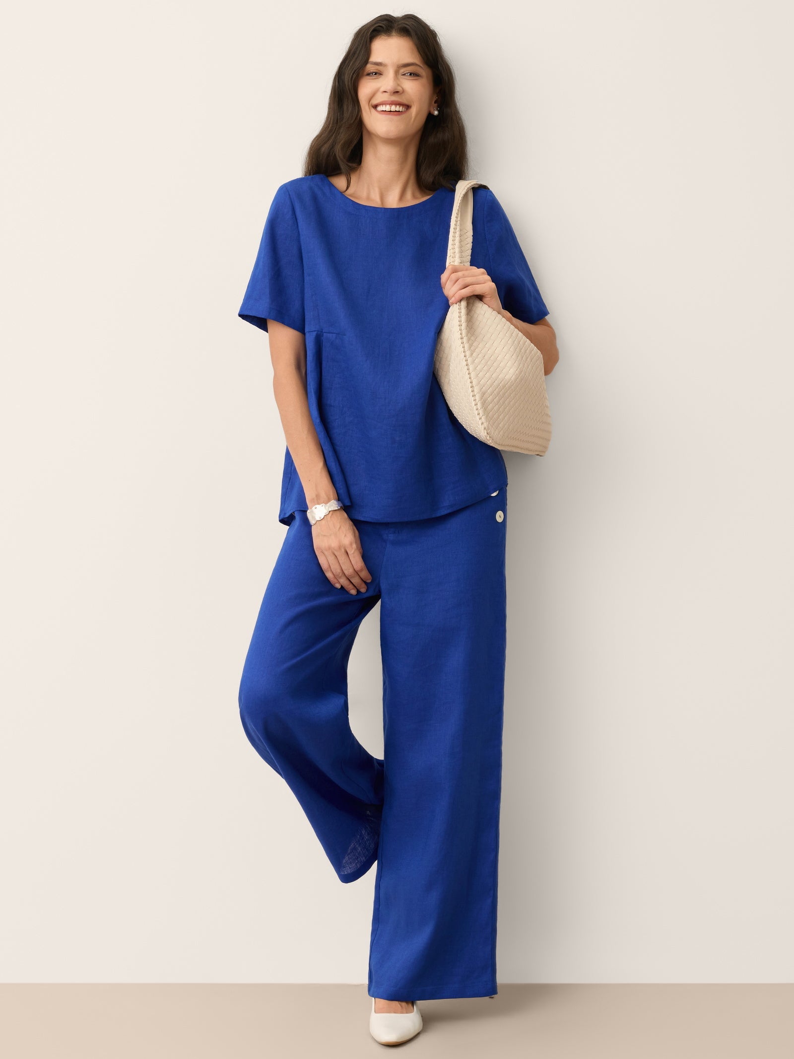 100% Linen Shell Button Elasticated Back Wide-Leg Pants IONE