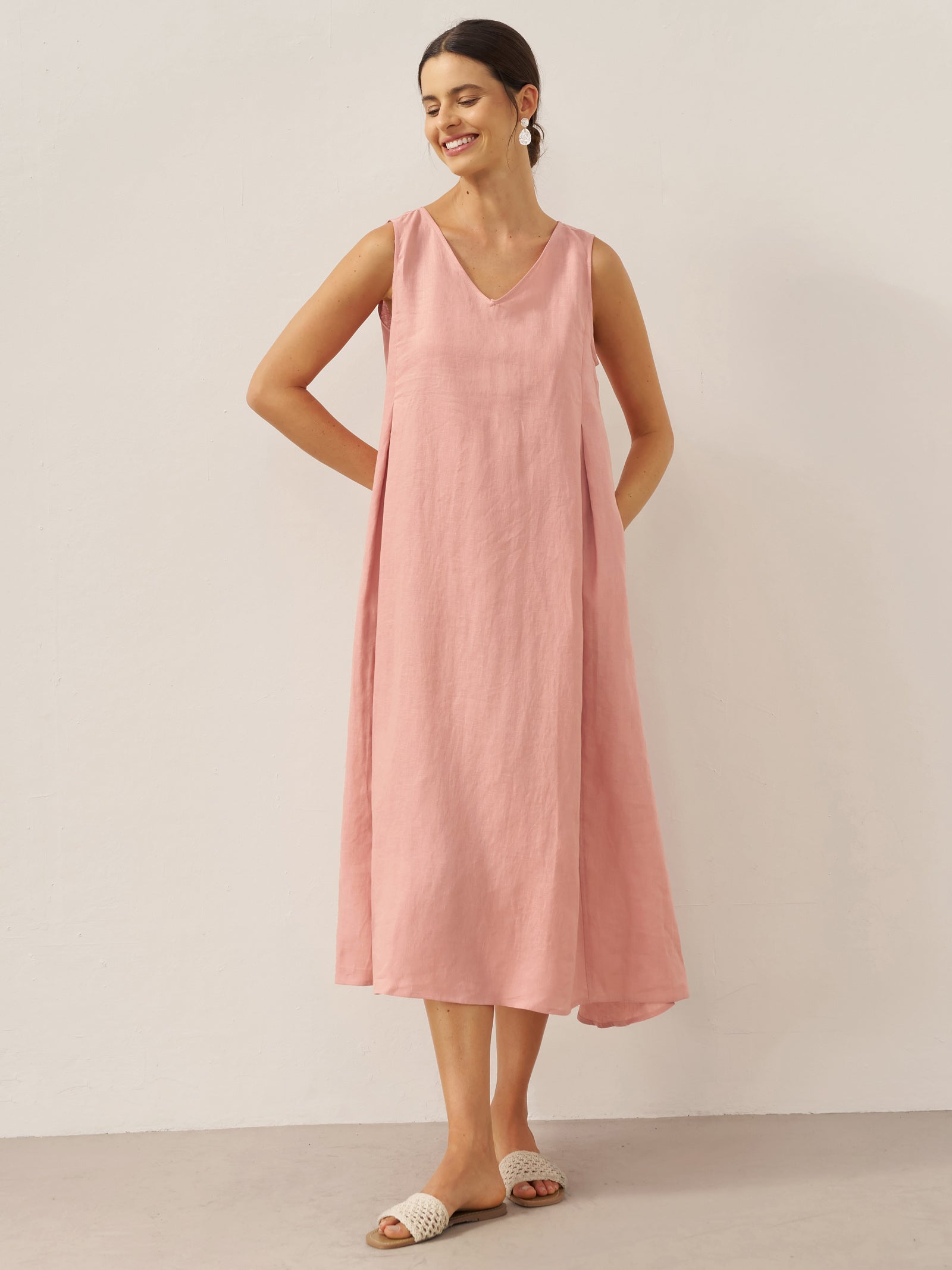 100% Linen Sleeveless A-Line Midi Dress TARA