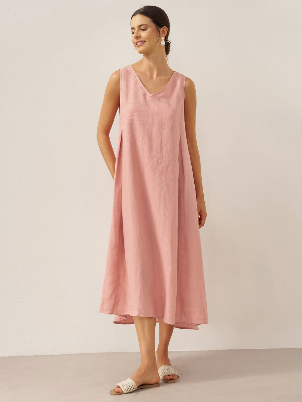 100% Linen Sleeveless A-Line Midi Dress TARA