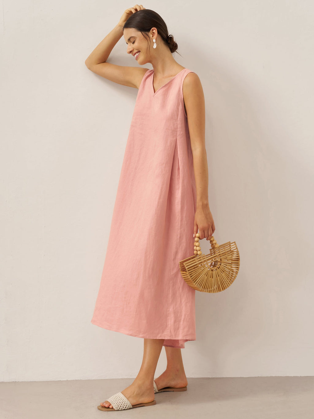 100% Linen Sleeveless A-Line Midi Dress TARA