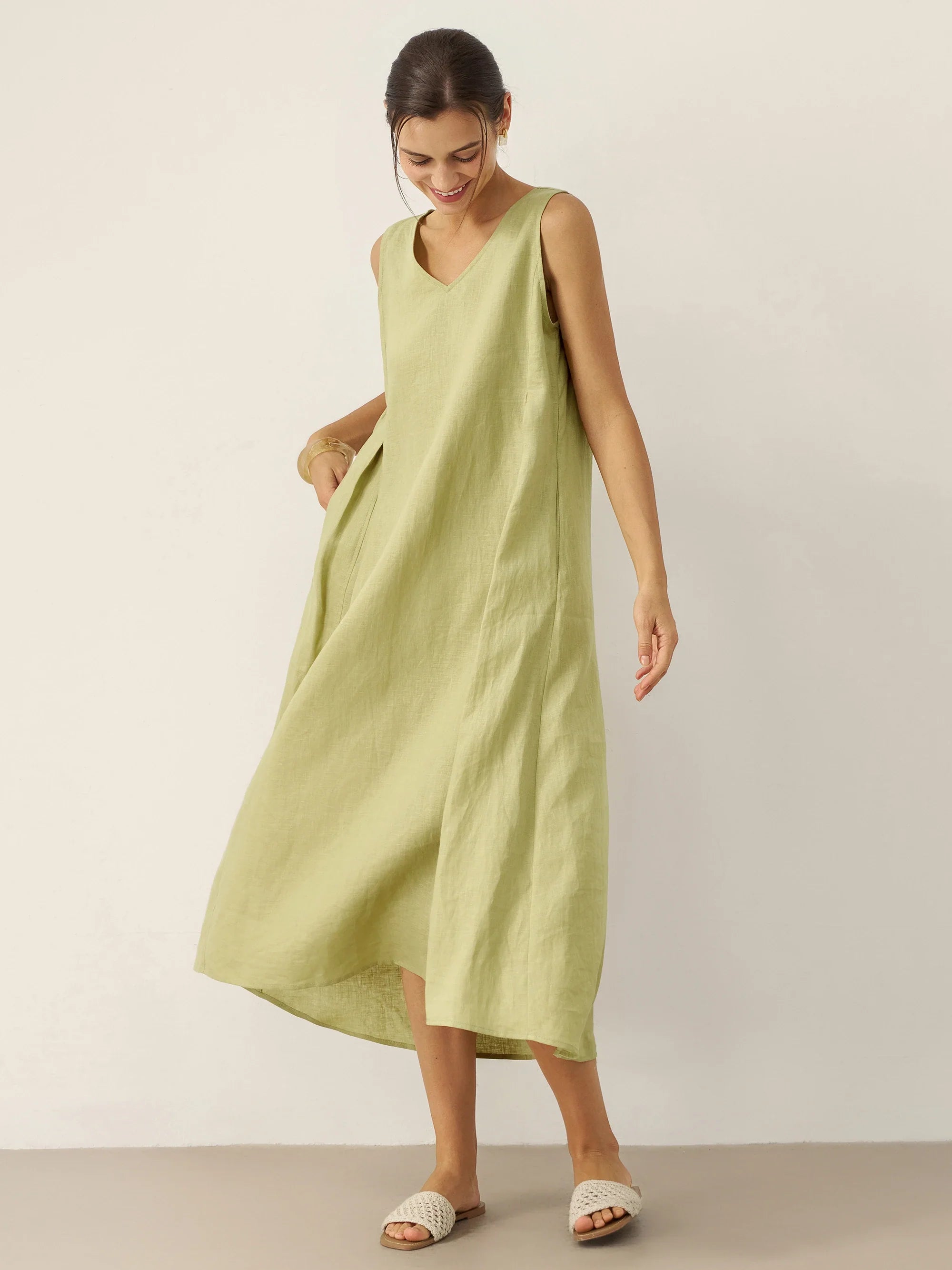 100% Linen Sleeveless A-Line Midi Dress TARA