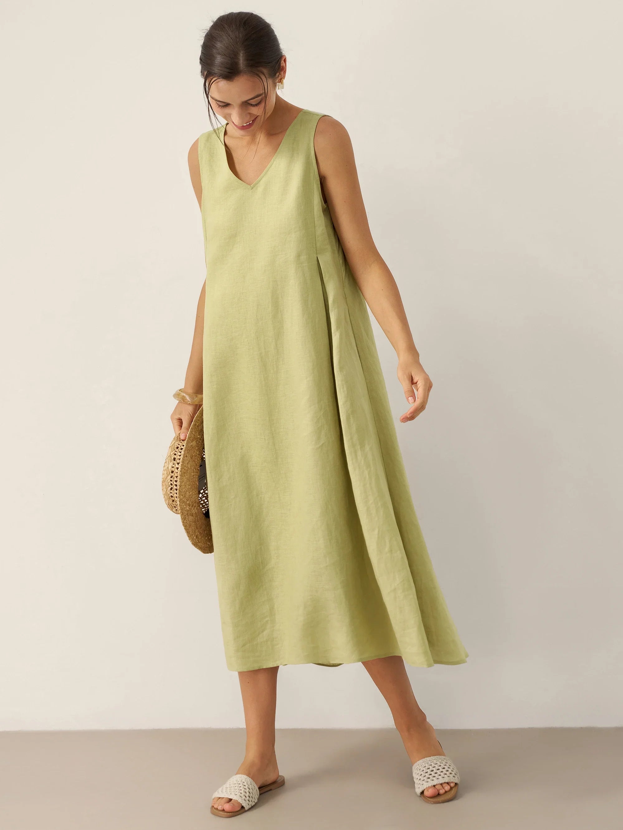 100% Linen Sleeveless A-Line Midi Dress TARA