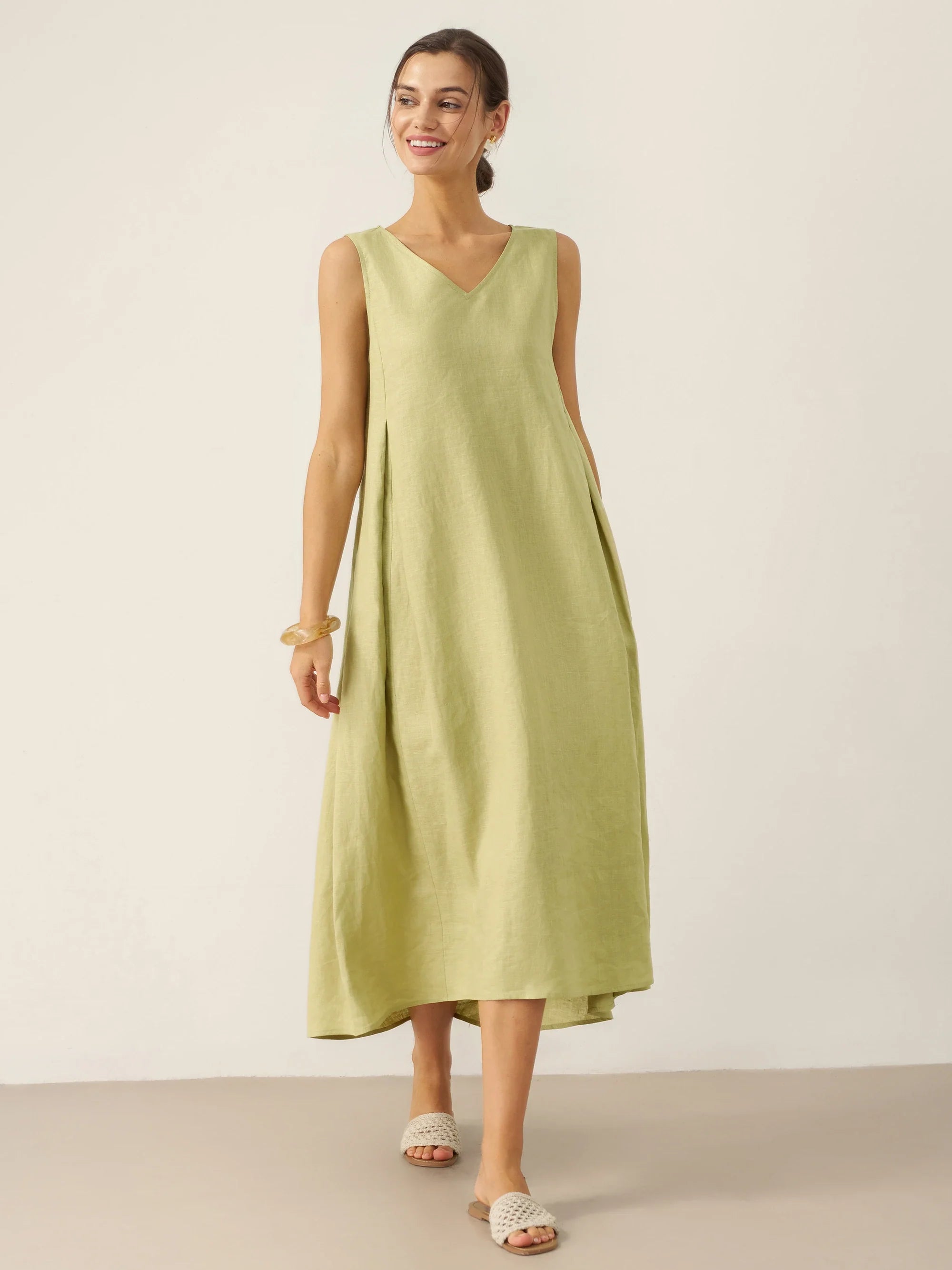 100% Linen Sleeveless A-Line Midi Dress TARA