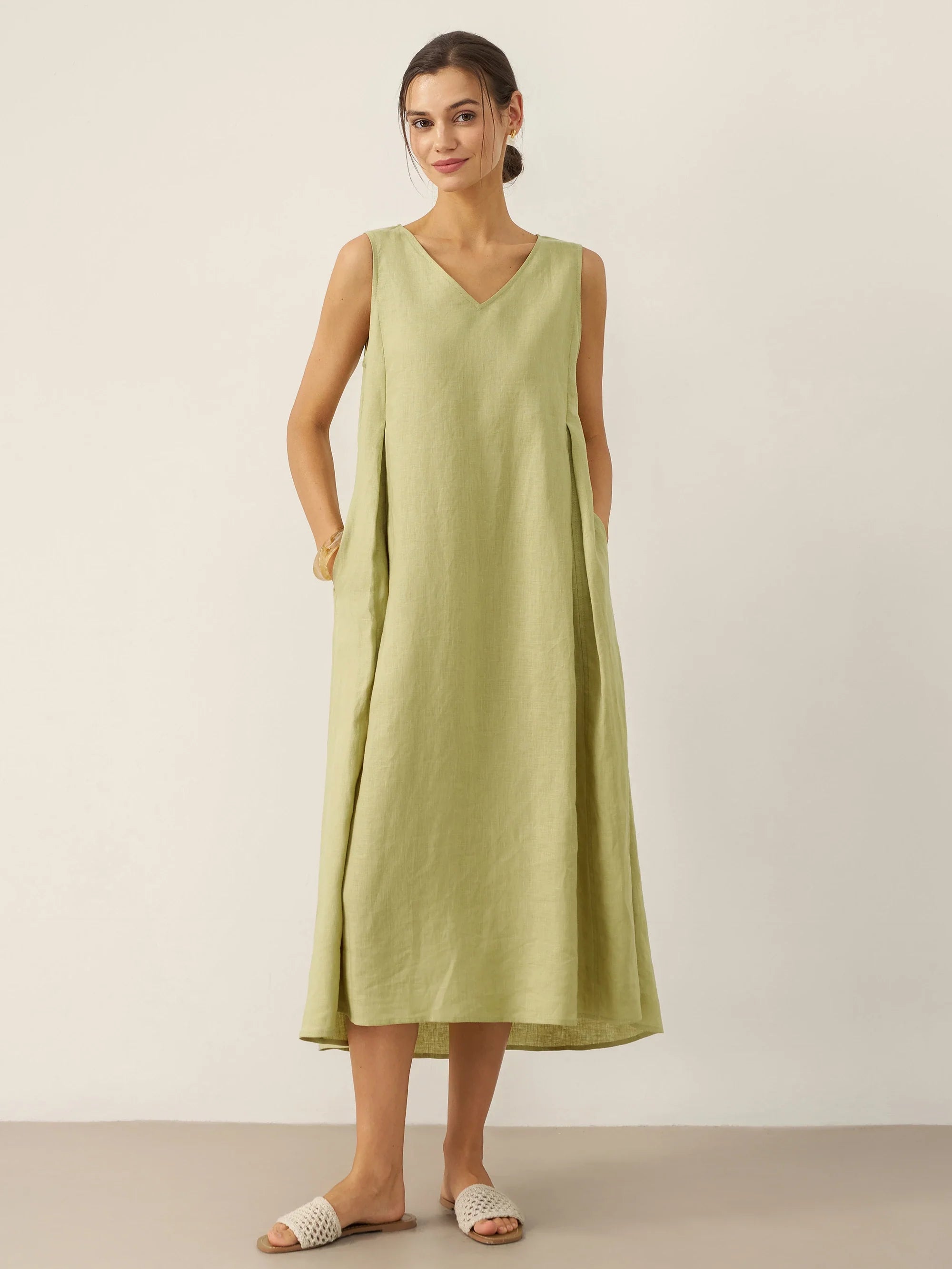 100% Linen Sleeveless A-Line Midi Dress TARA