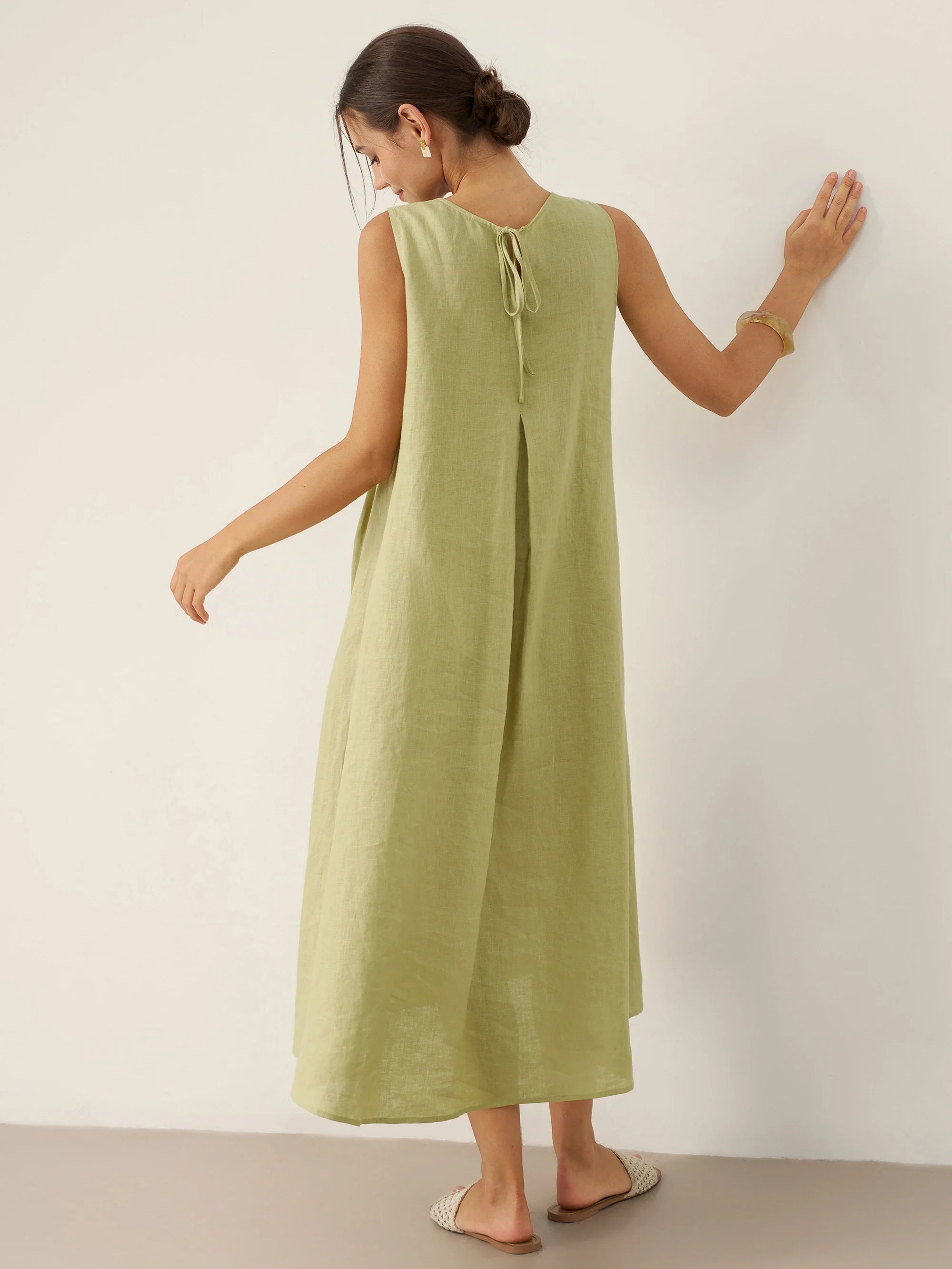 100% Linen Sleeveless A-Line Midi Dress TARA