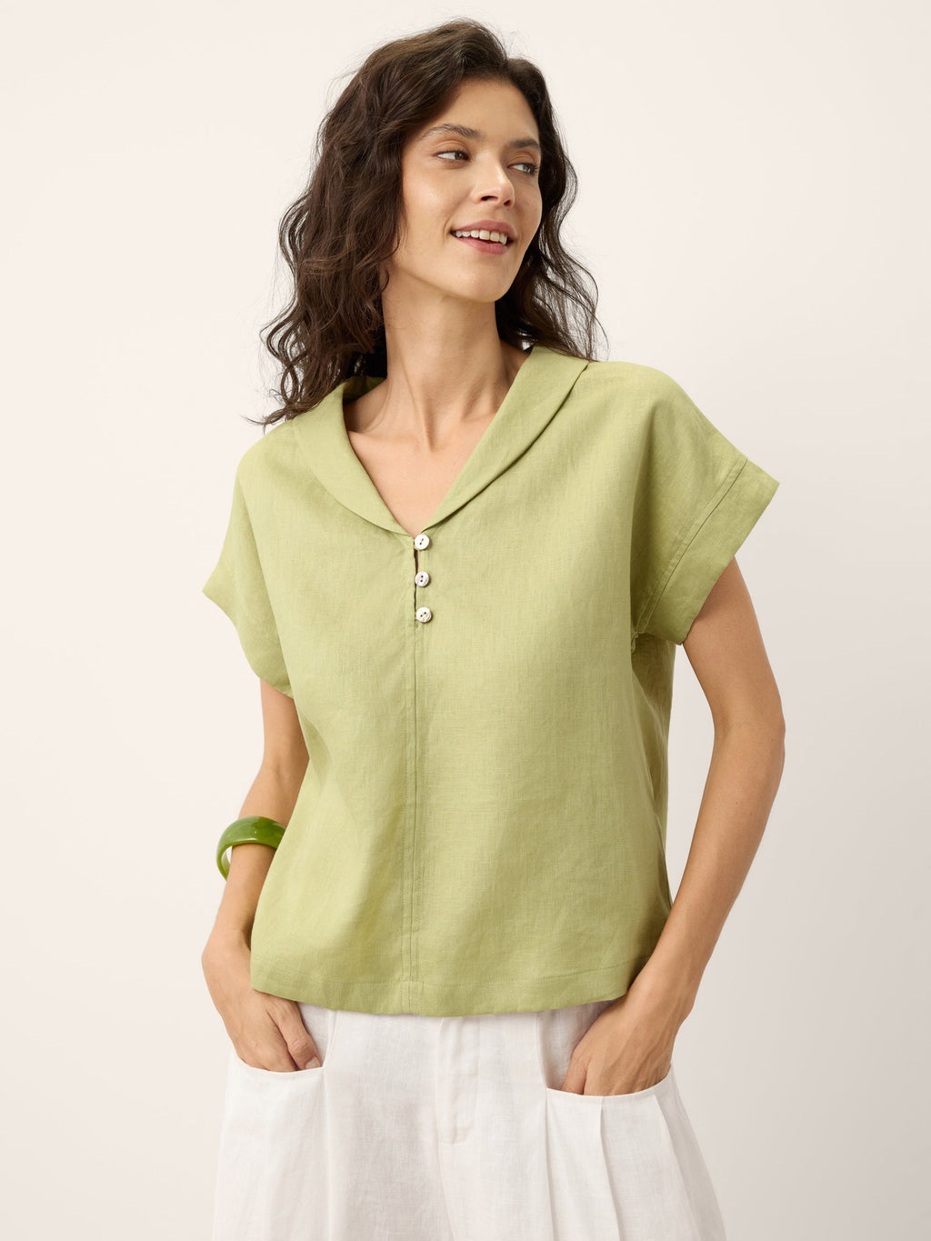 100% Linen Soft Collar Shell Button Rolled Cuff Top HELGA
