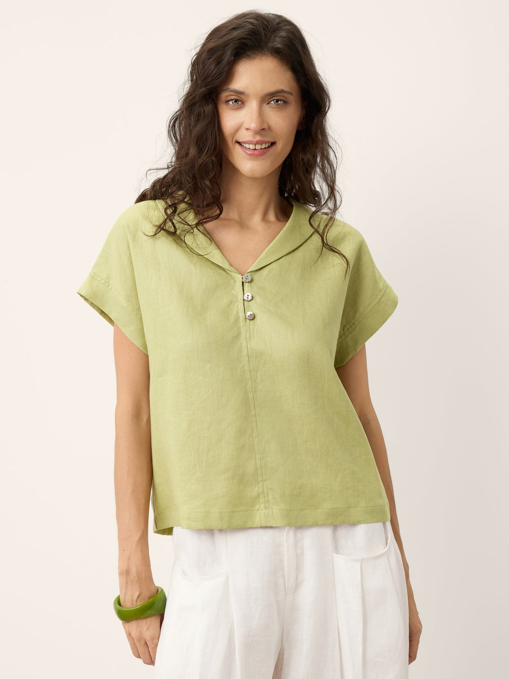 100% Linen Soft Collar Shell Button Rolled Cuff Top HELGA