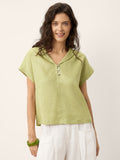 100% Linen Soft Collar Shell Button Rolled Cuff Top HELGA
