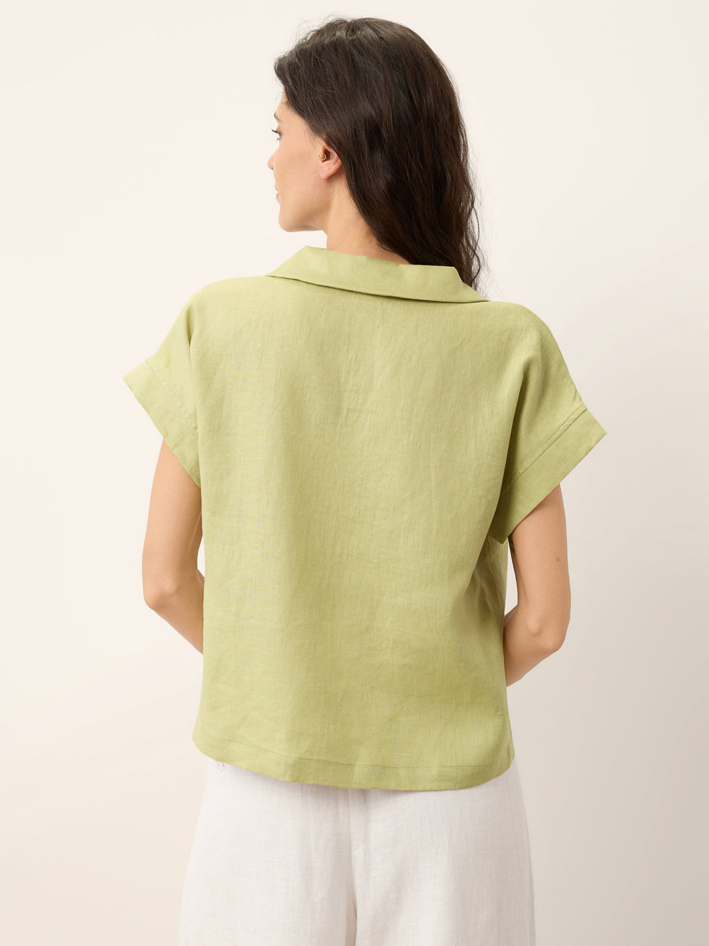 100% Linen Soft Collar Shell Button Rolled Cuff Top HELGA