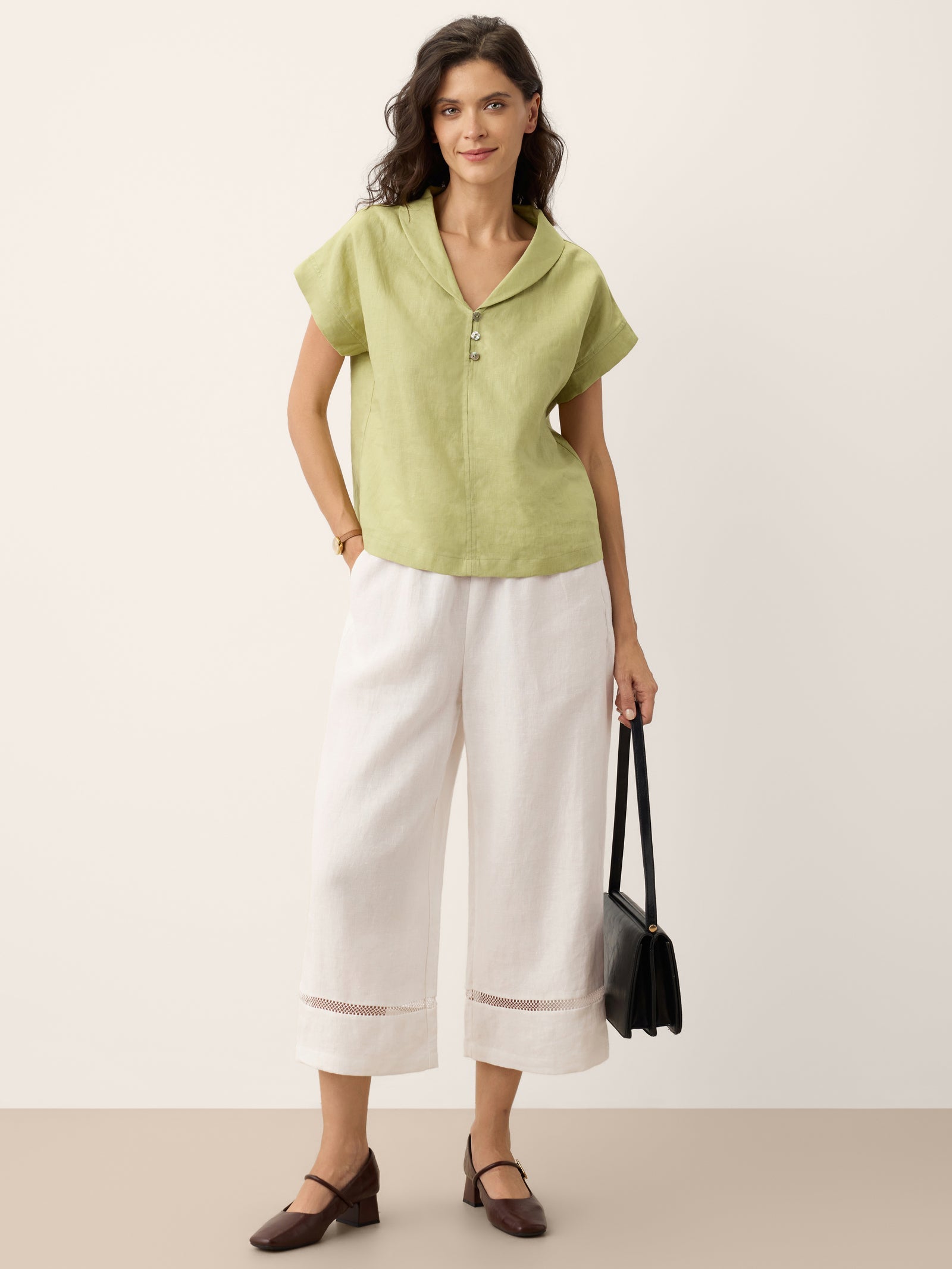 100% Linen Soft Collar Shell Button Rolled Cuff Top HELGA