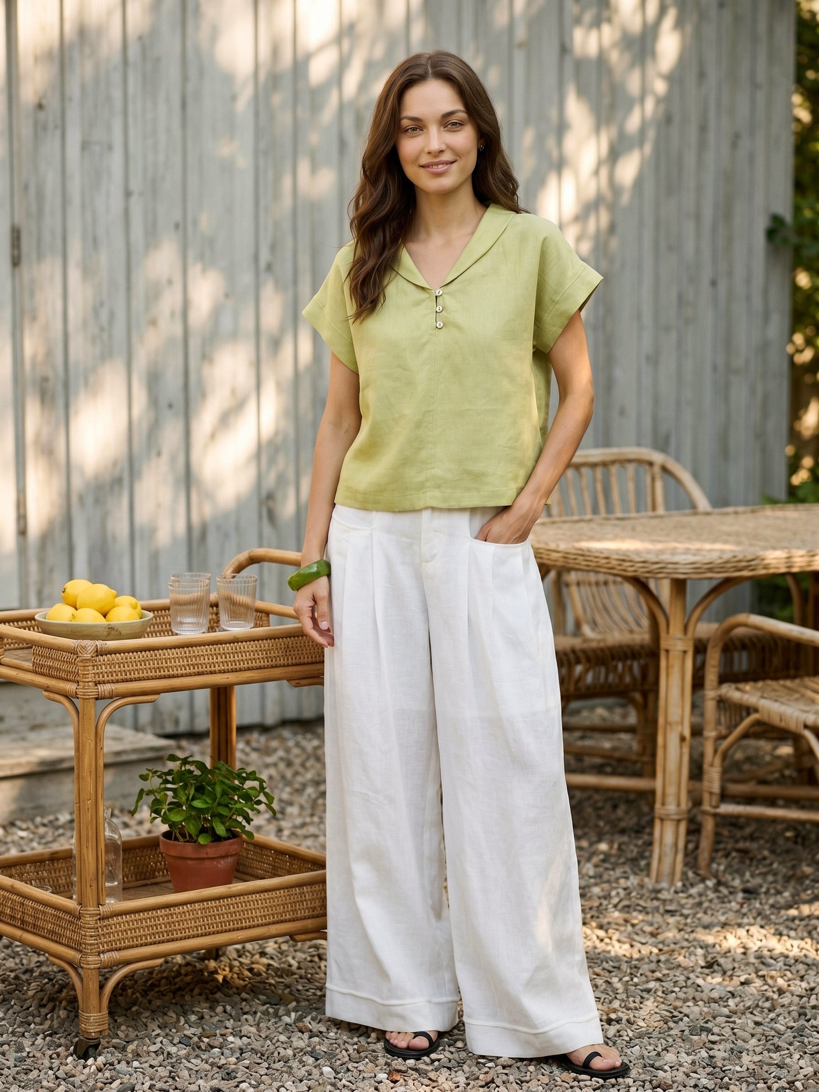 100% Linen Soft Collar Shell Button Rolled Cuff Top HELGA