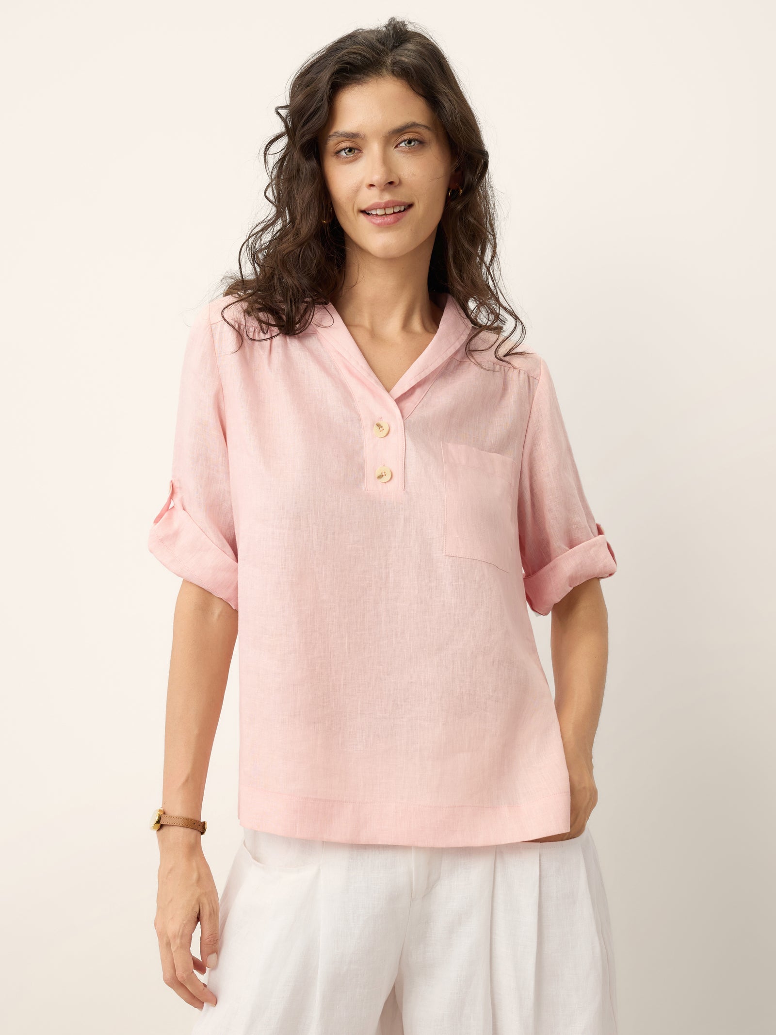 100% Linen Soft Collar Tab Sleeve Top OLGA