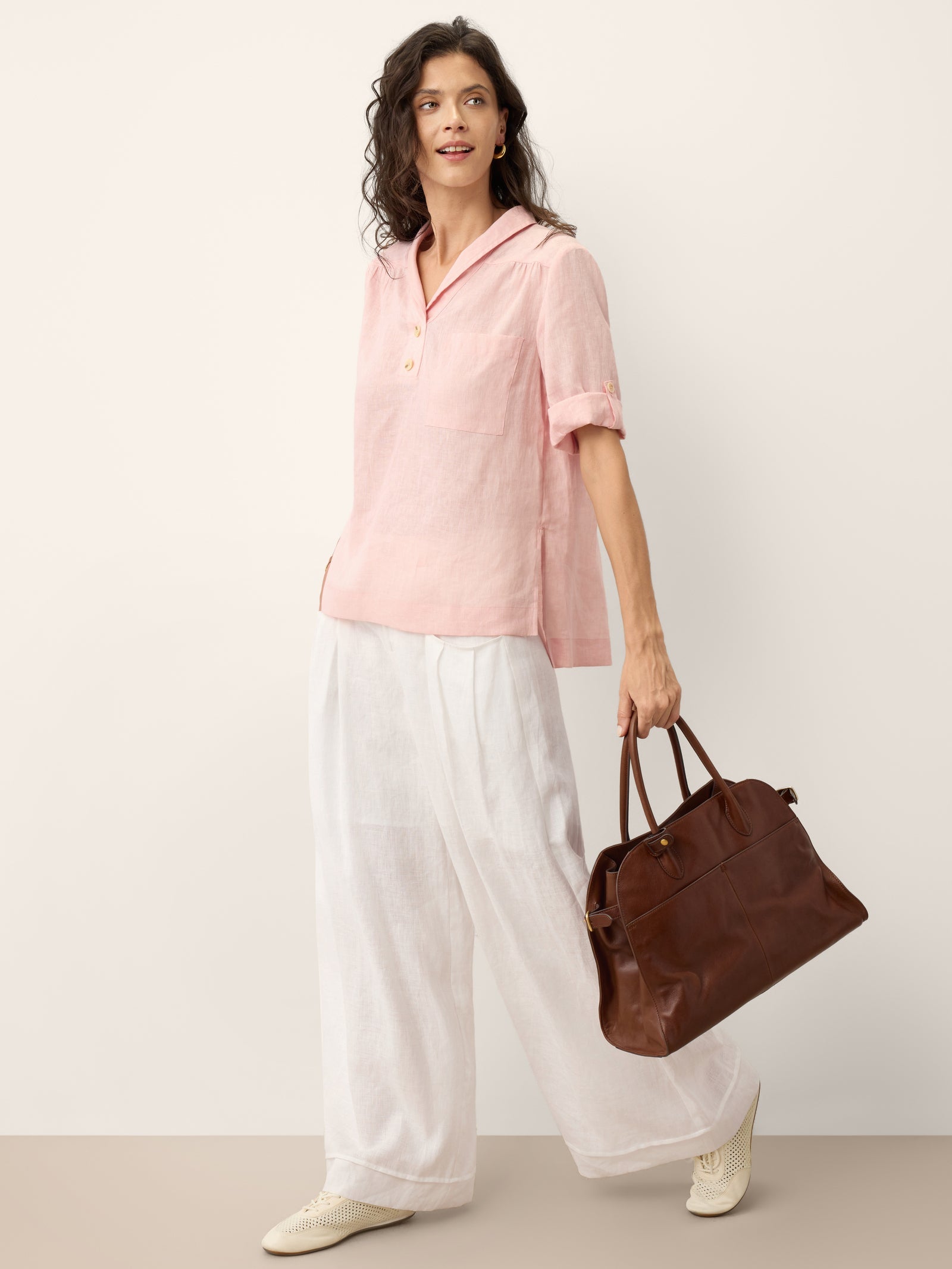 100% Linen Soft Collar Tab Sleeve Top OLGA
