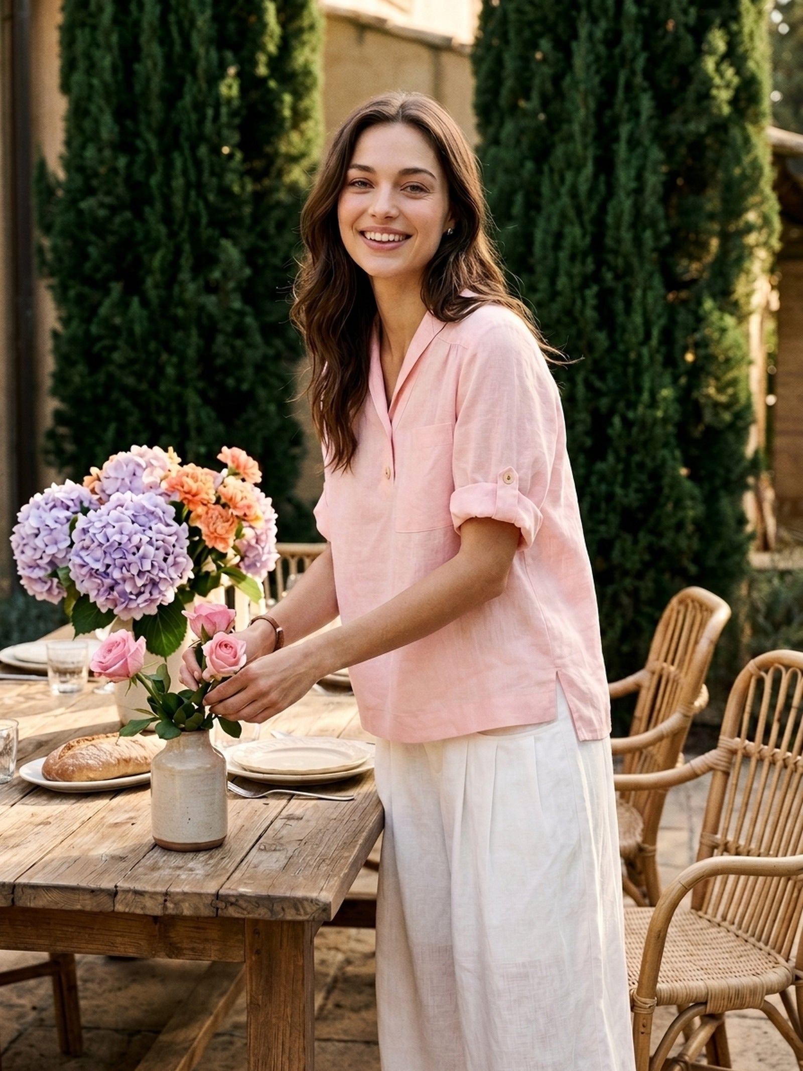 100% Linen Soft Collar Tab Sleeve Top OLGA