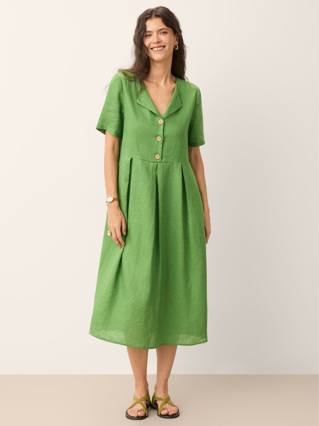 100% Linen Split Neck Button Detail Midi Dress SERAPHINE