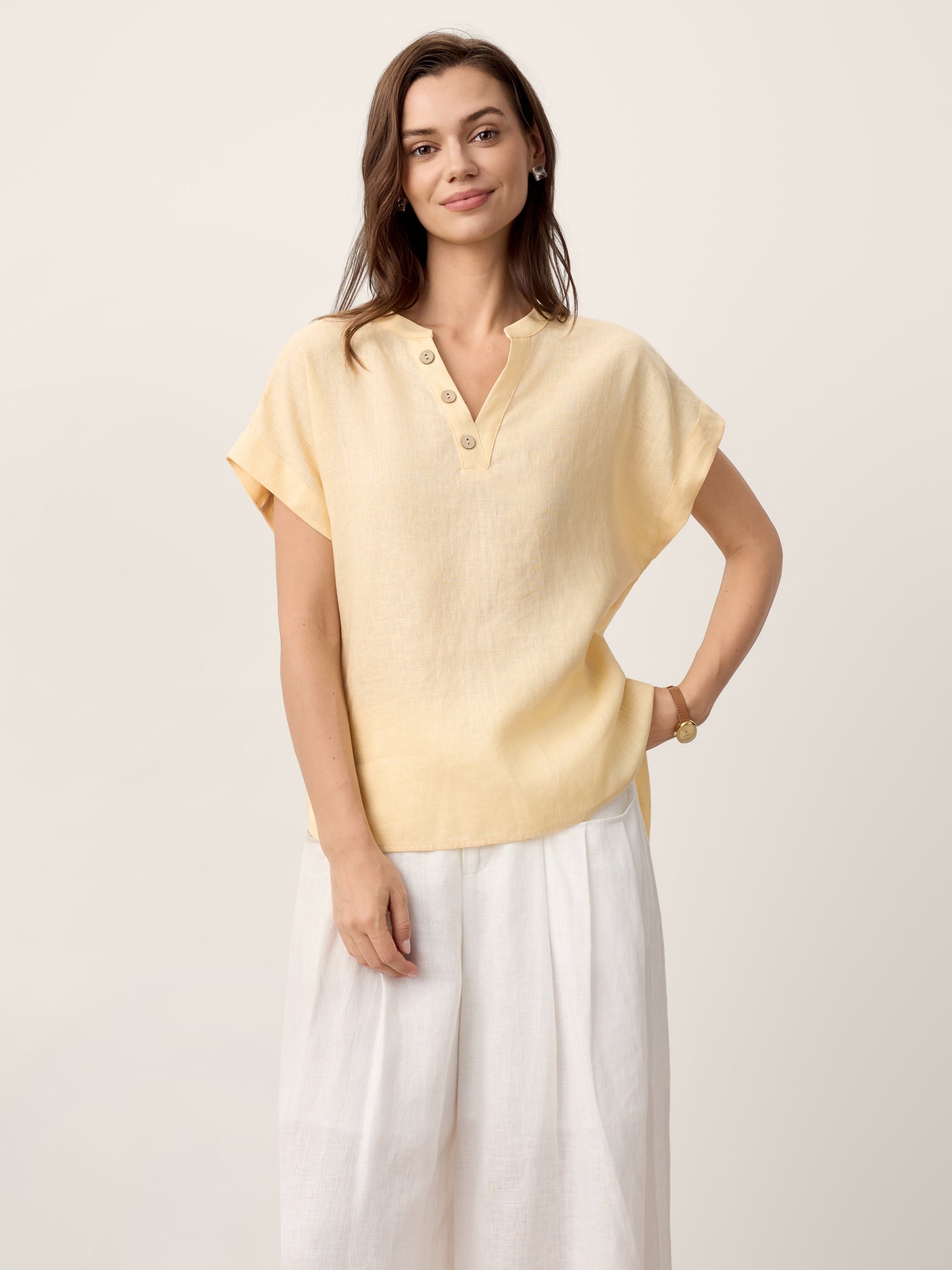 100% Linen Stand-Collar Curved-Hem Top CRESSA