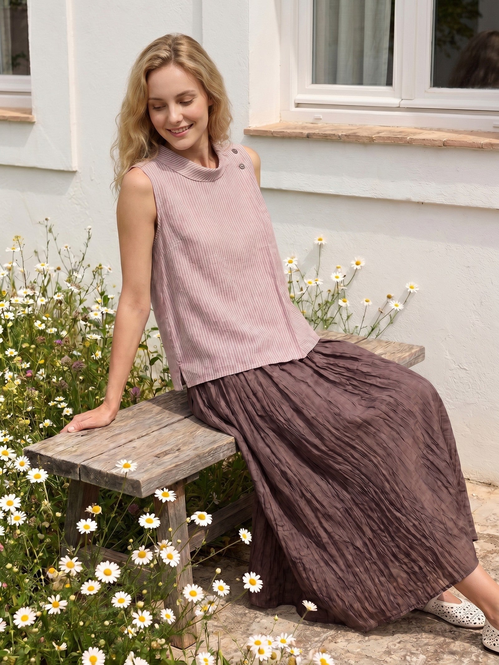 100% Linen Striped Diagonal Pleat Mock Neck Top ESTHER