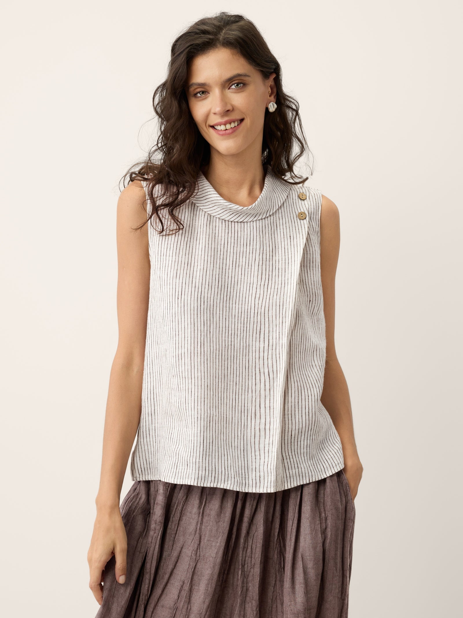 100% Linen Striped Diagonal Pleat Mock Neck Top ESTHER