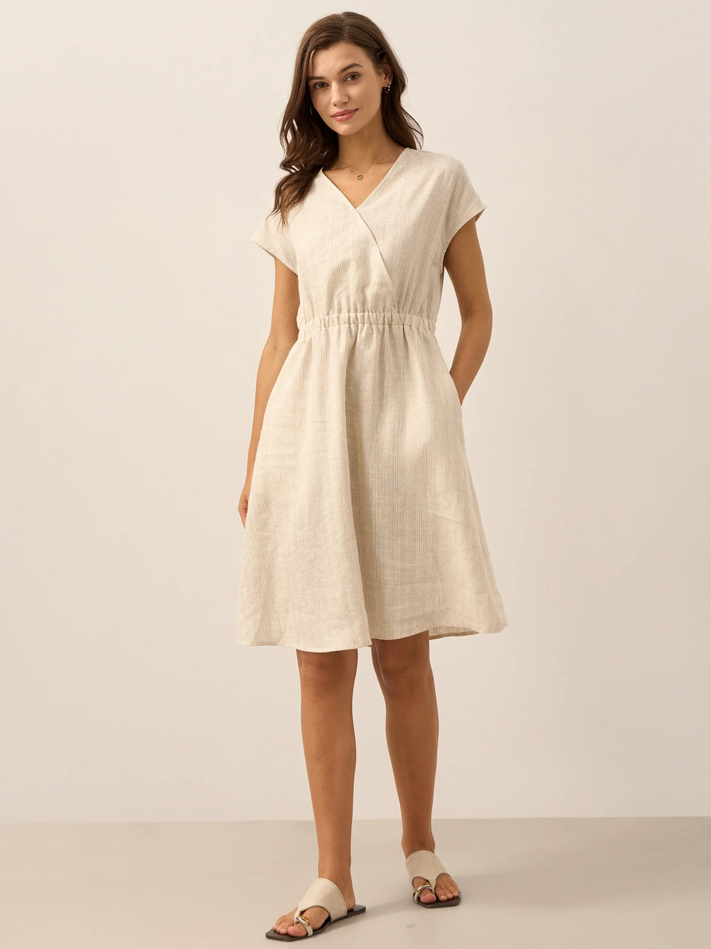 100% Linen Striped Elastic-Waist Mini Dress ARIA