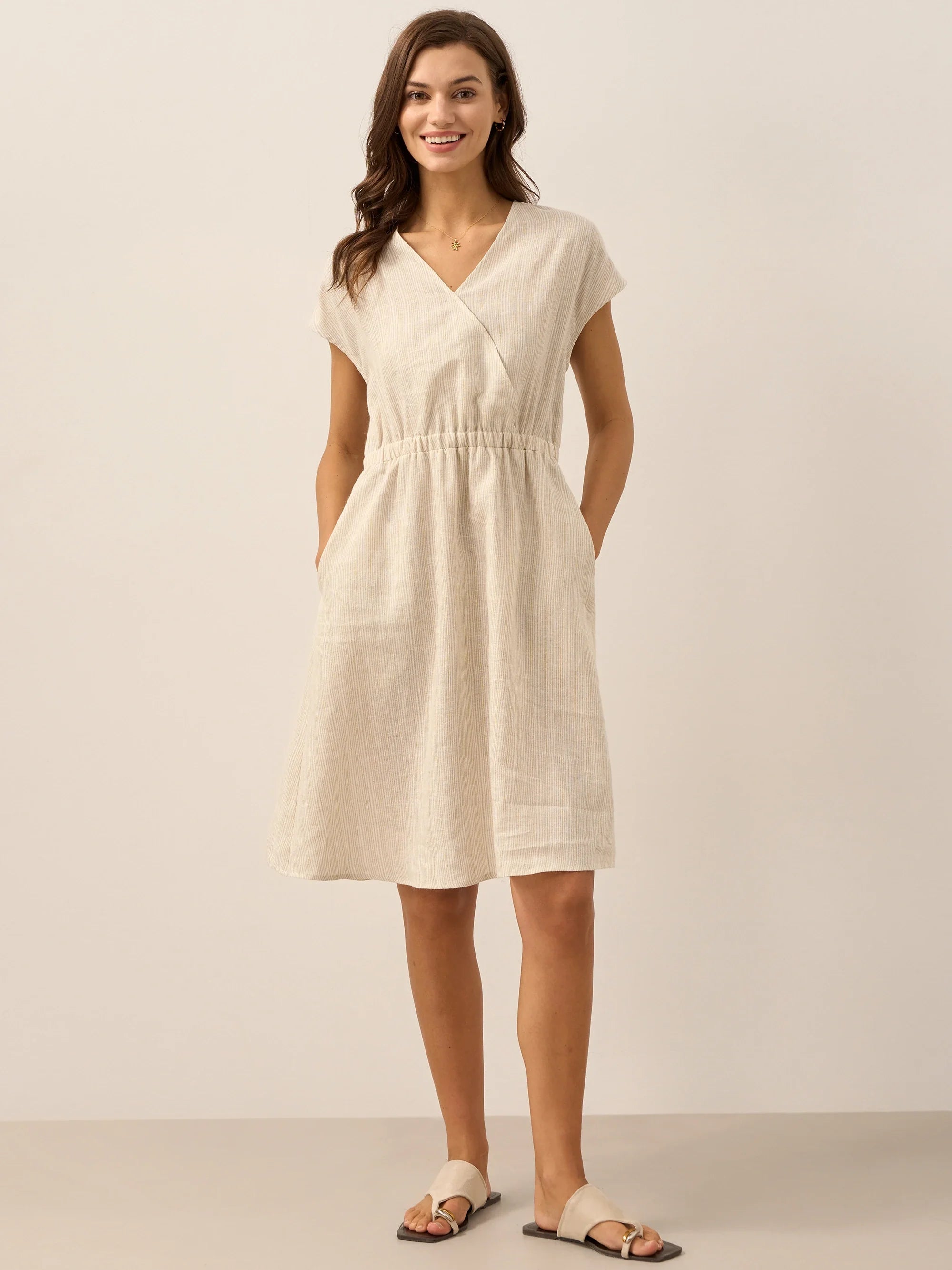 100% Linen Striped Elastic-Waist Mini Dress ARIA
