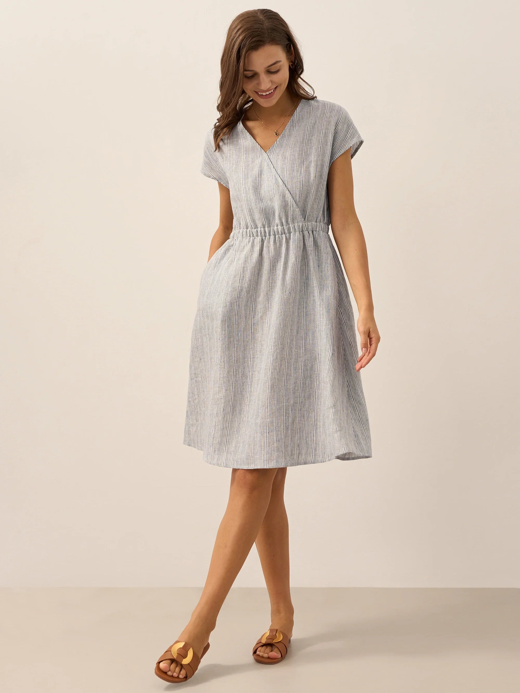 100% Linen Striped Elastic-Waist Mini Dress ARIA