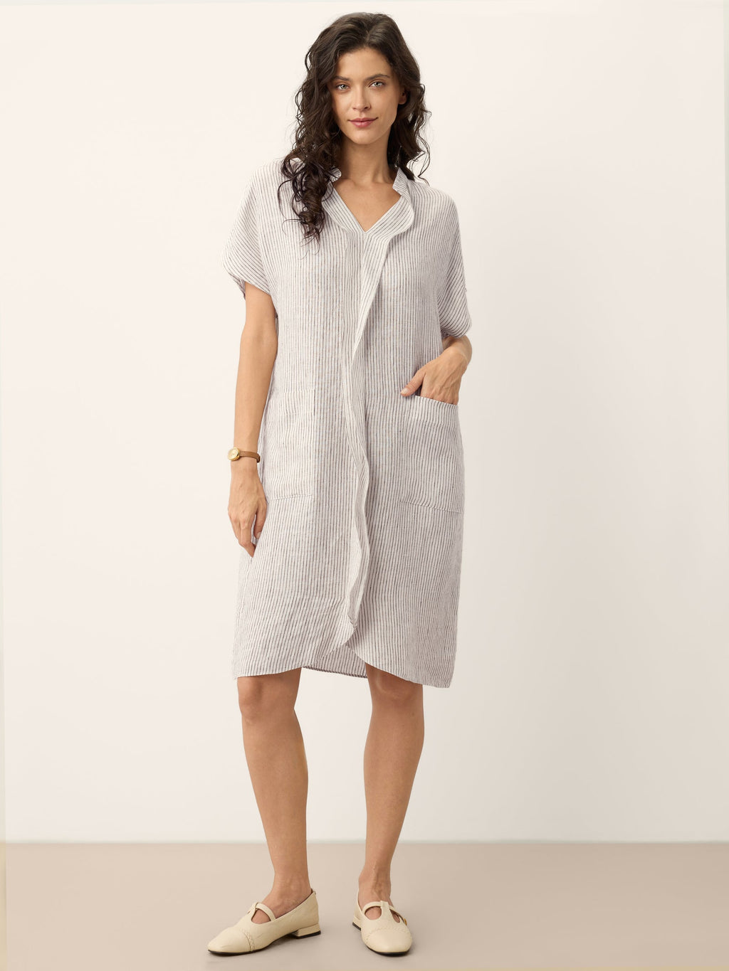 100% Linen Striped Ruffle Placket Shirt Dress GLORIA
