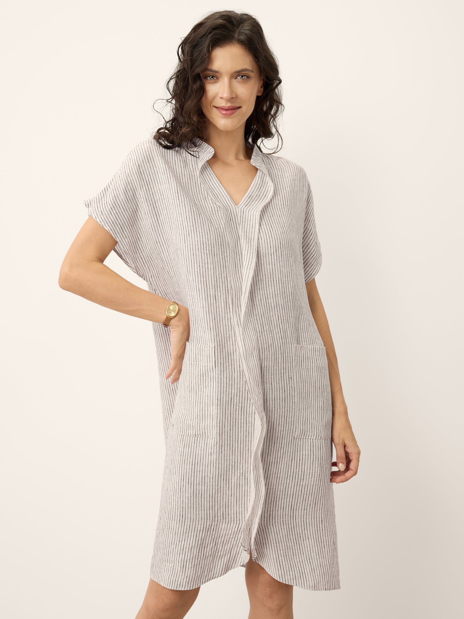 100% Linen Striped Ruffle Placket Shirt Dress GLORIA