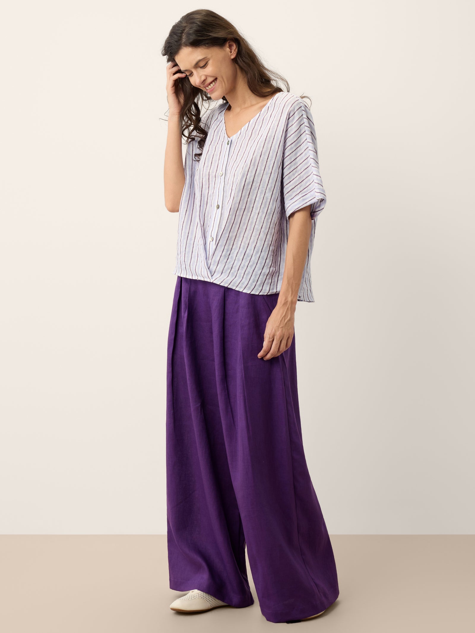 100% Linen Striped Surplice Cocoon Top CATHERINE