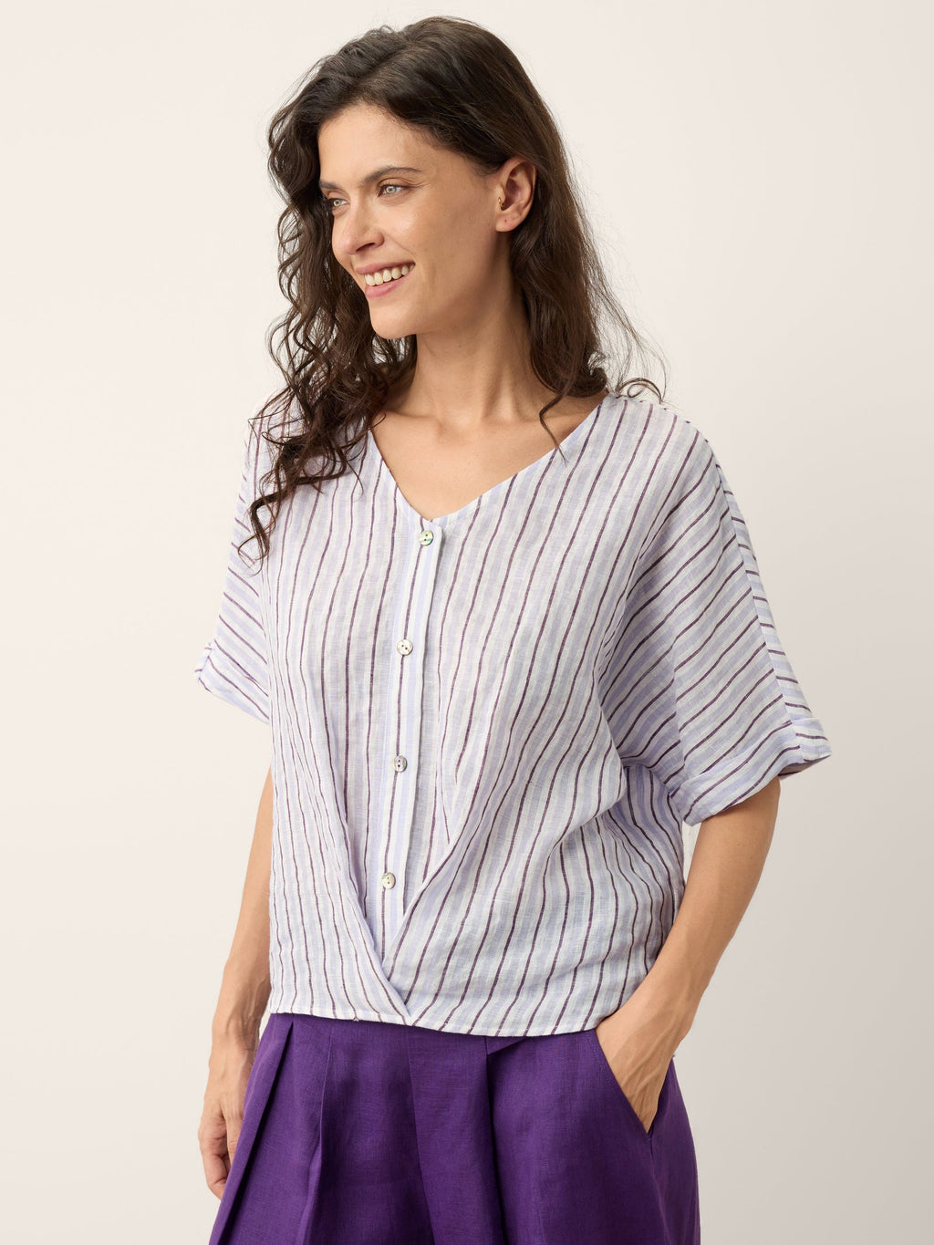 100% Linen Striped Surplice Cocoon Top CATHERINE