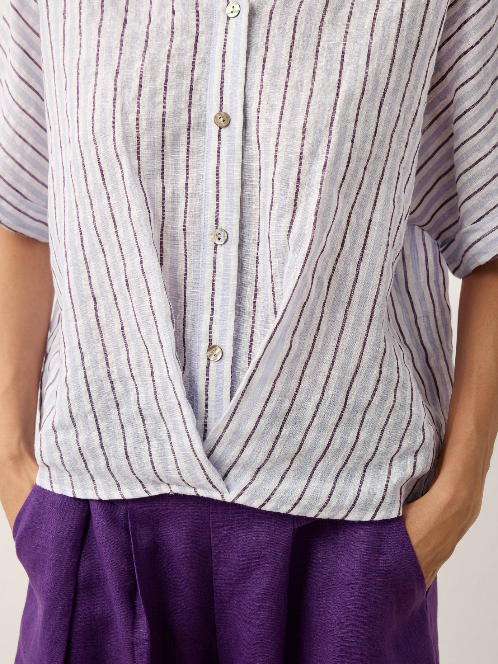 100% Linen Striped Surplice Cocoon Top CATHERINE