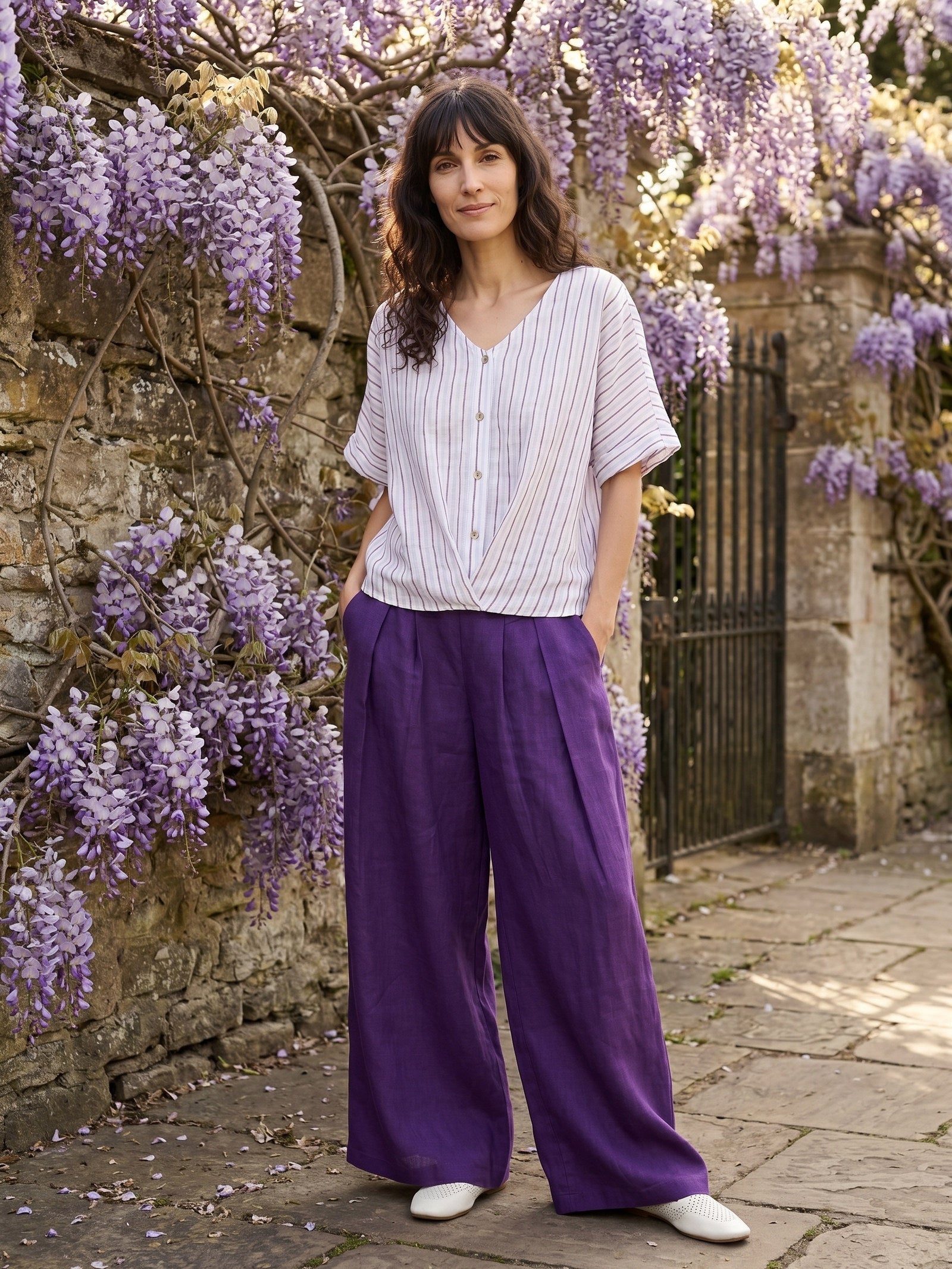 100% Linen Striped Surplice Cocoon Top CATHERINE