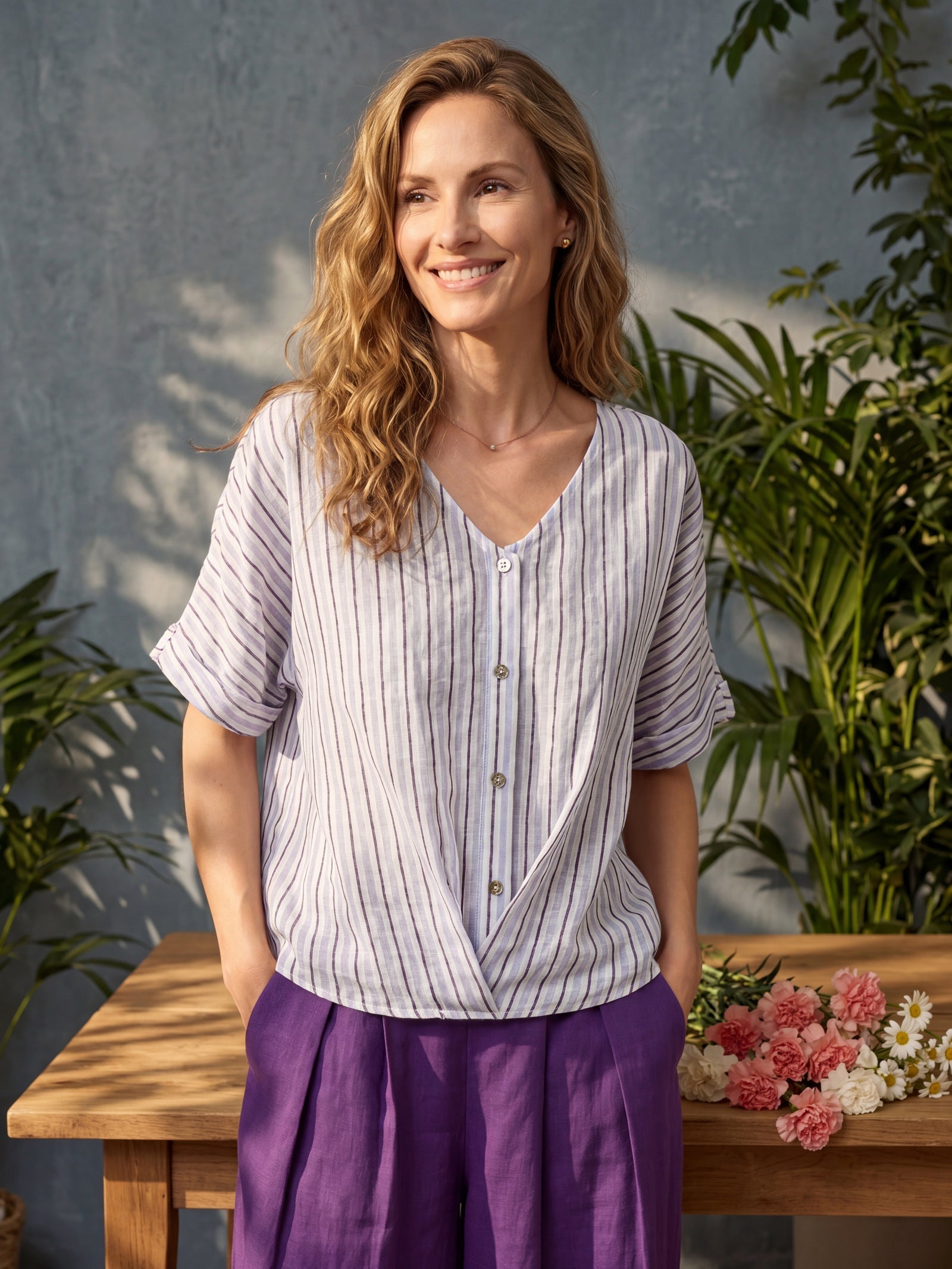 100% Linen Striped Surplice Cocoon Top CATHERINE