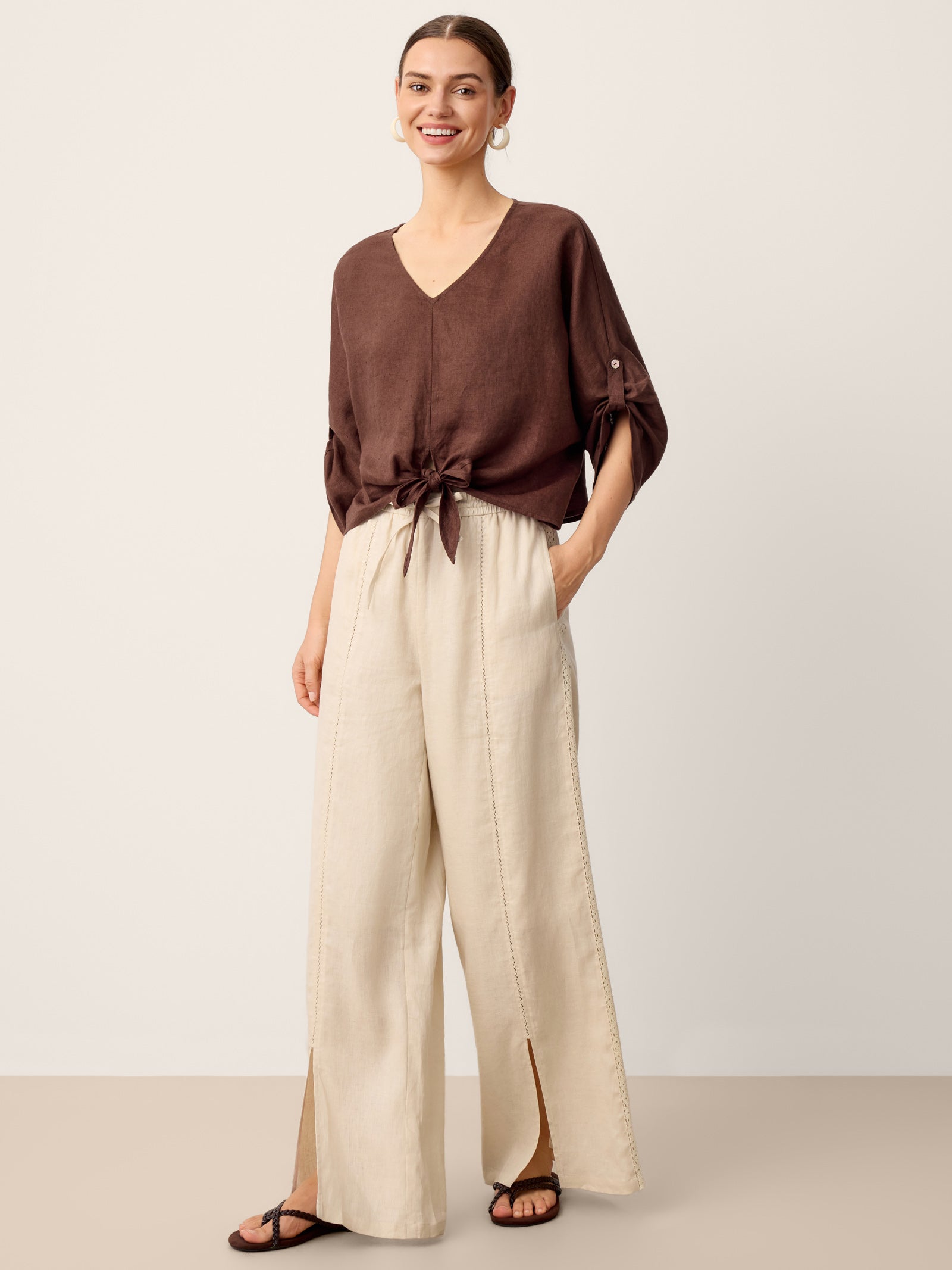 100% Linen Twist-Hem Batwing Top LAVENA