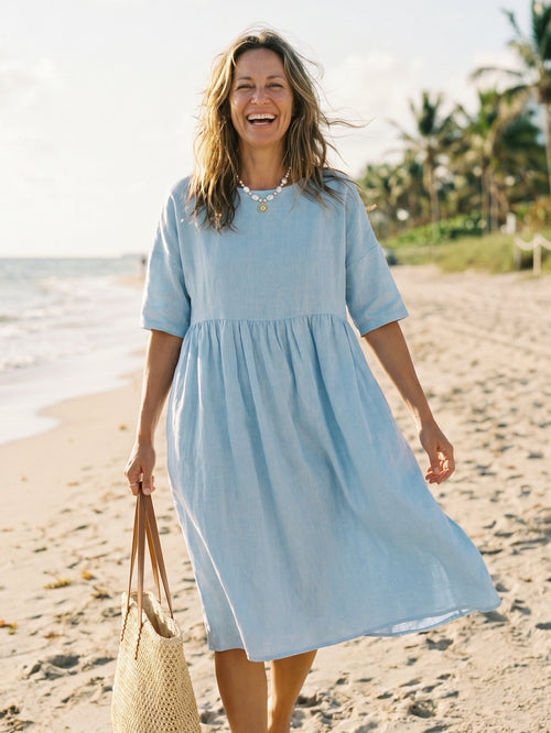 100% Linen A-Line Midi Dress VALENCIA