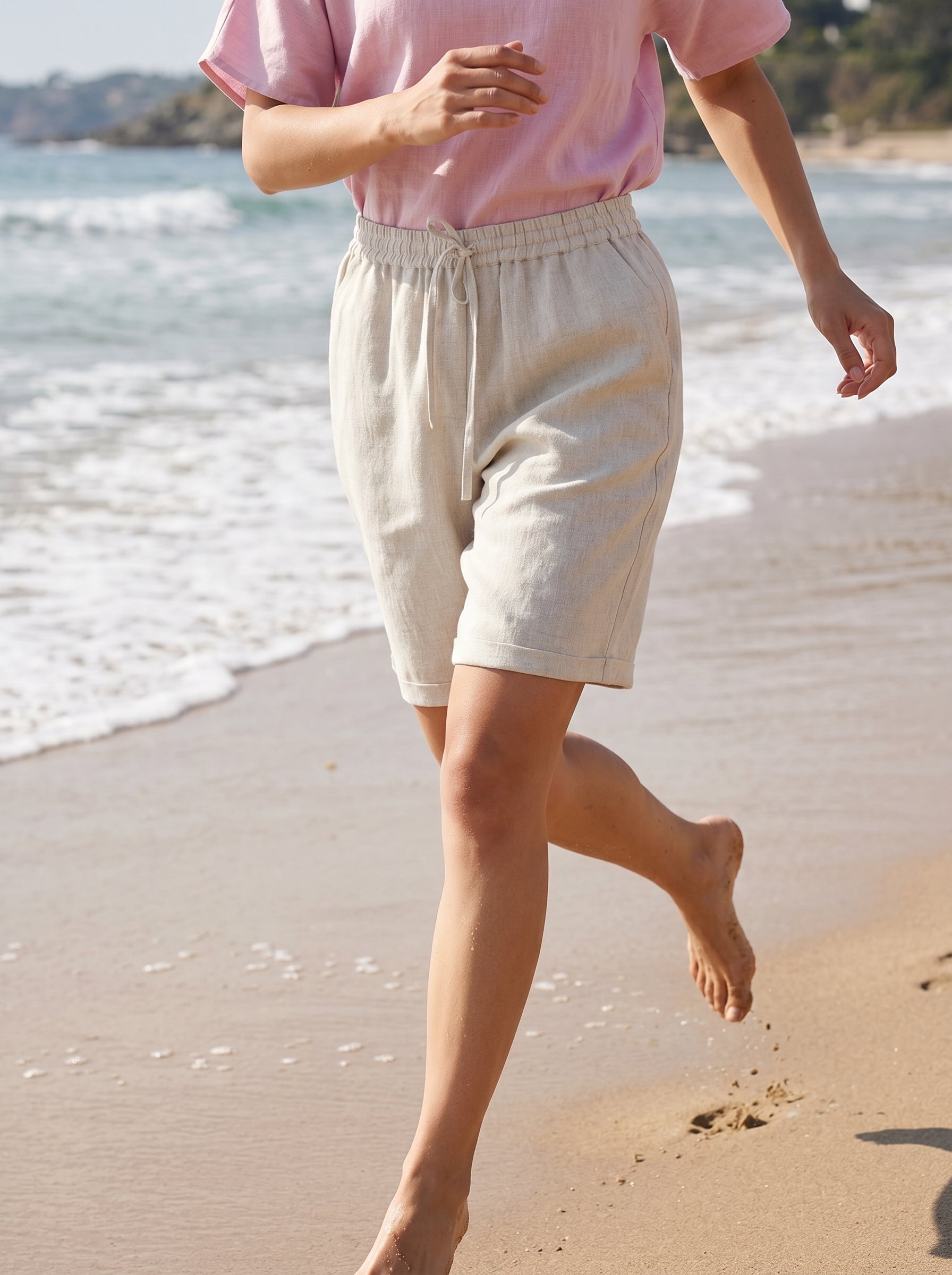 100% Linen Elastic Drawstring Waist Capri Pants XIMENA