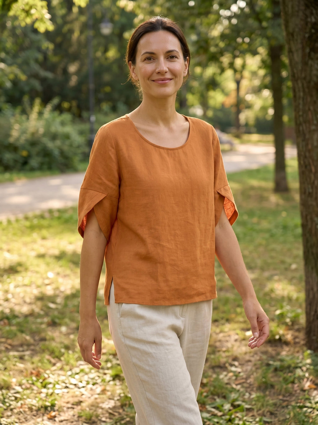 100% Linen Round Neck Petal-Sleeve Pullover LAUREL
